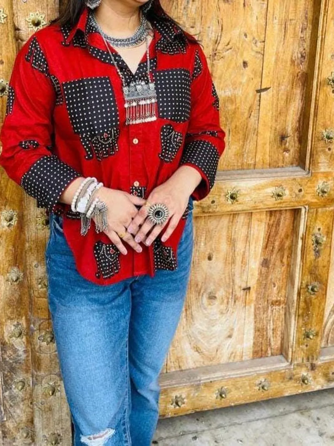 Hand Block Printed Cotton Shirt | Red Boho Top