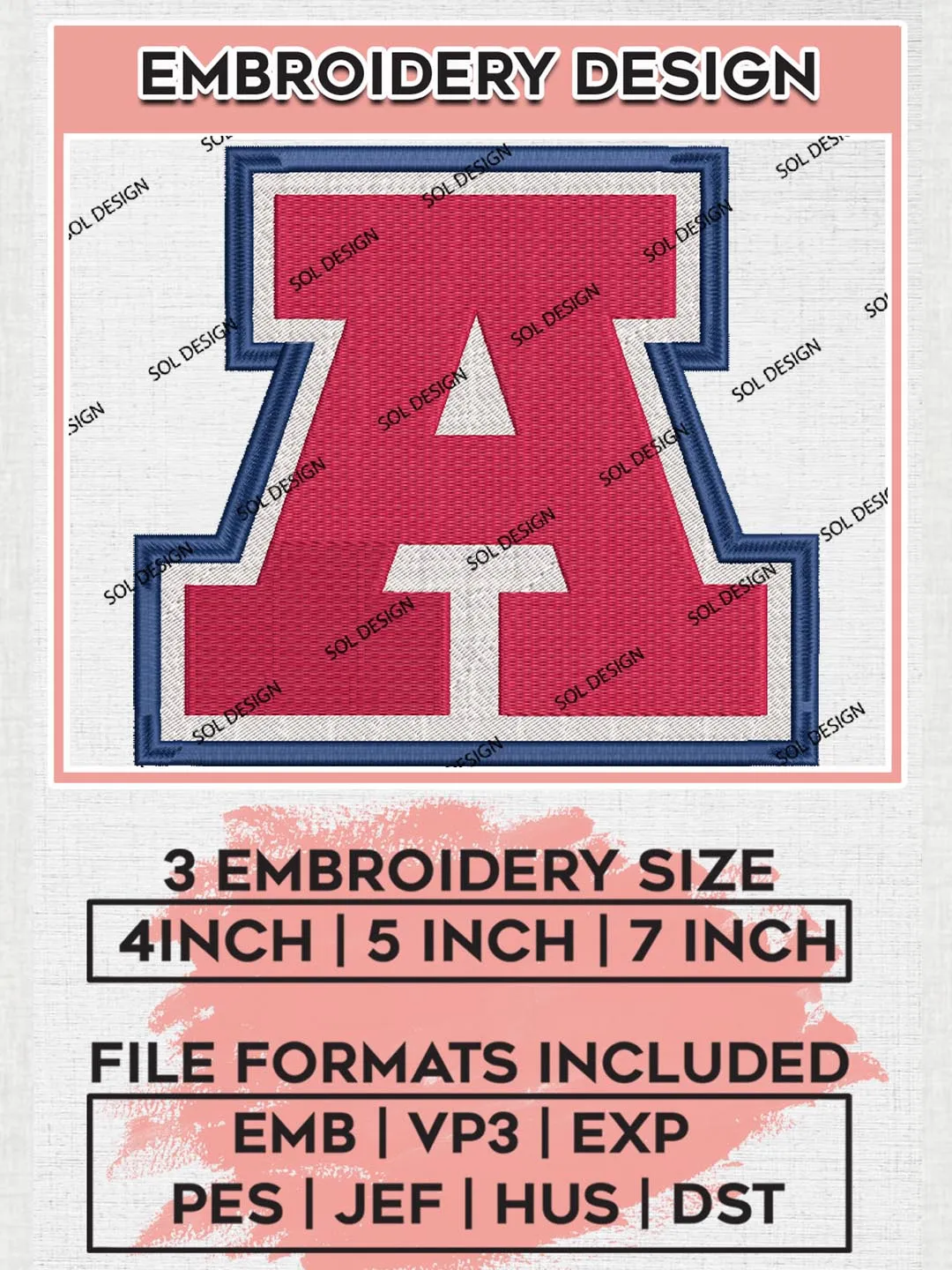 NCAA Arizona Wildcats Team Letter Logo Embroidery Design Files, NCAA Arizona Wildcats Machine Embroidery, NCAA Teams, 3 sizes, NCAA Machine embroidery designs, Digital Download