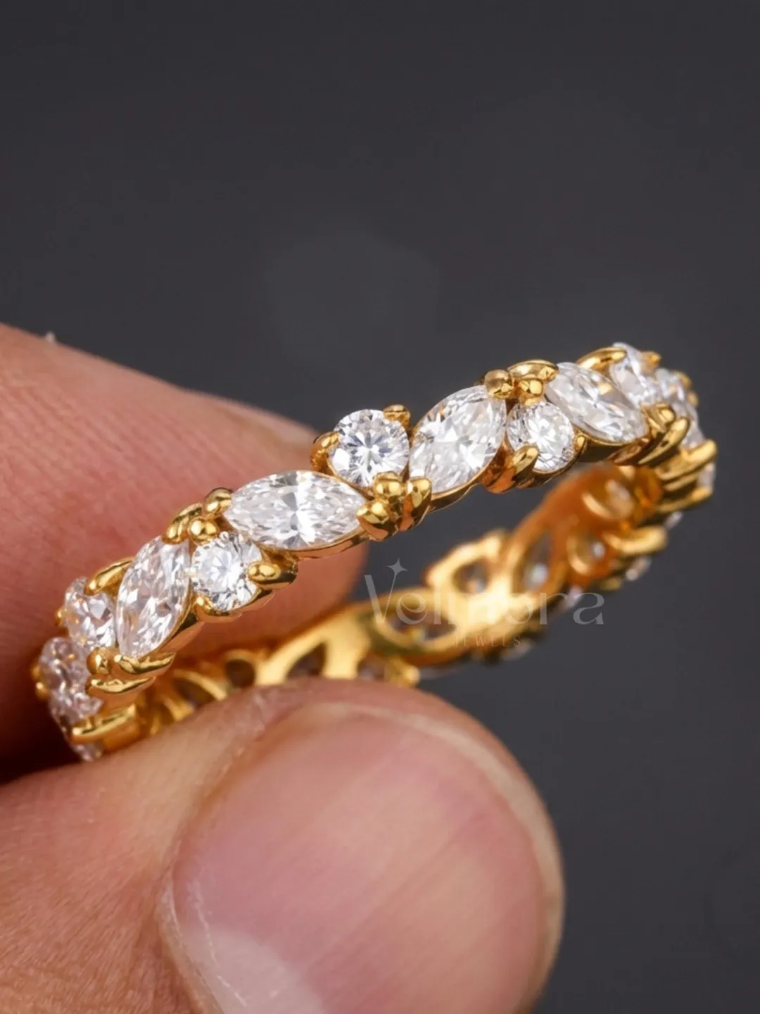 Marquise Round Moissanite Eternity Band, Vintage Leaf Stacking Ring