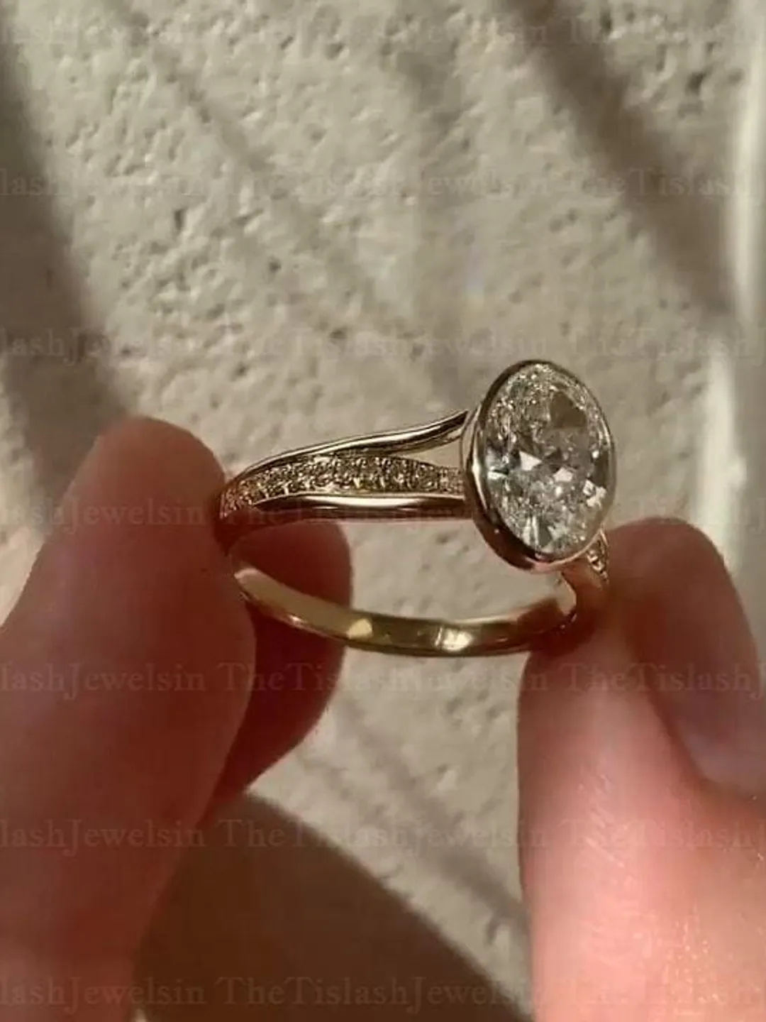 Bezel Set Oval Moissanite Engagement Ring Split Shank 14K Solid Gold ...