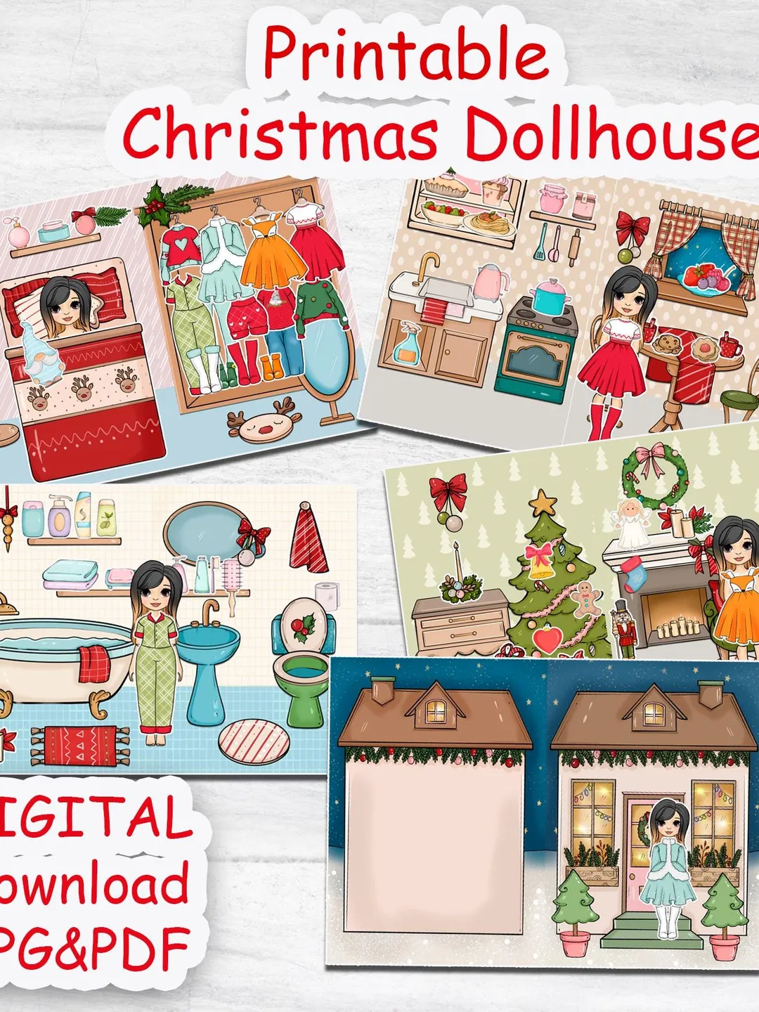 Christmas Paper doll house printable, printable doll with a set clothes, Holiday Blythe paper doll dress up, Busy book printable crafts kids