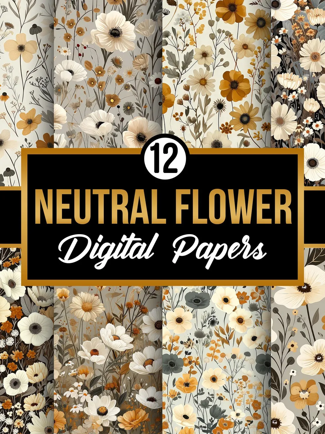 Neutral Flower Digital Paper, Seamless Floral Patterns, Vintage Boho ...