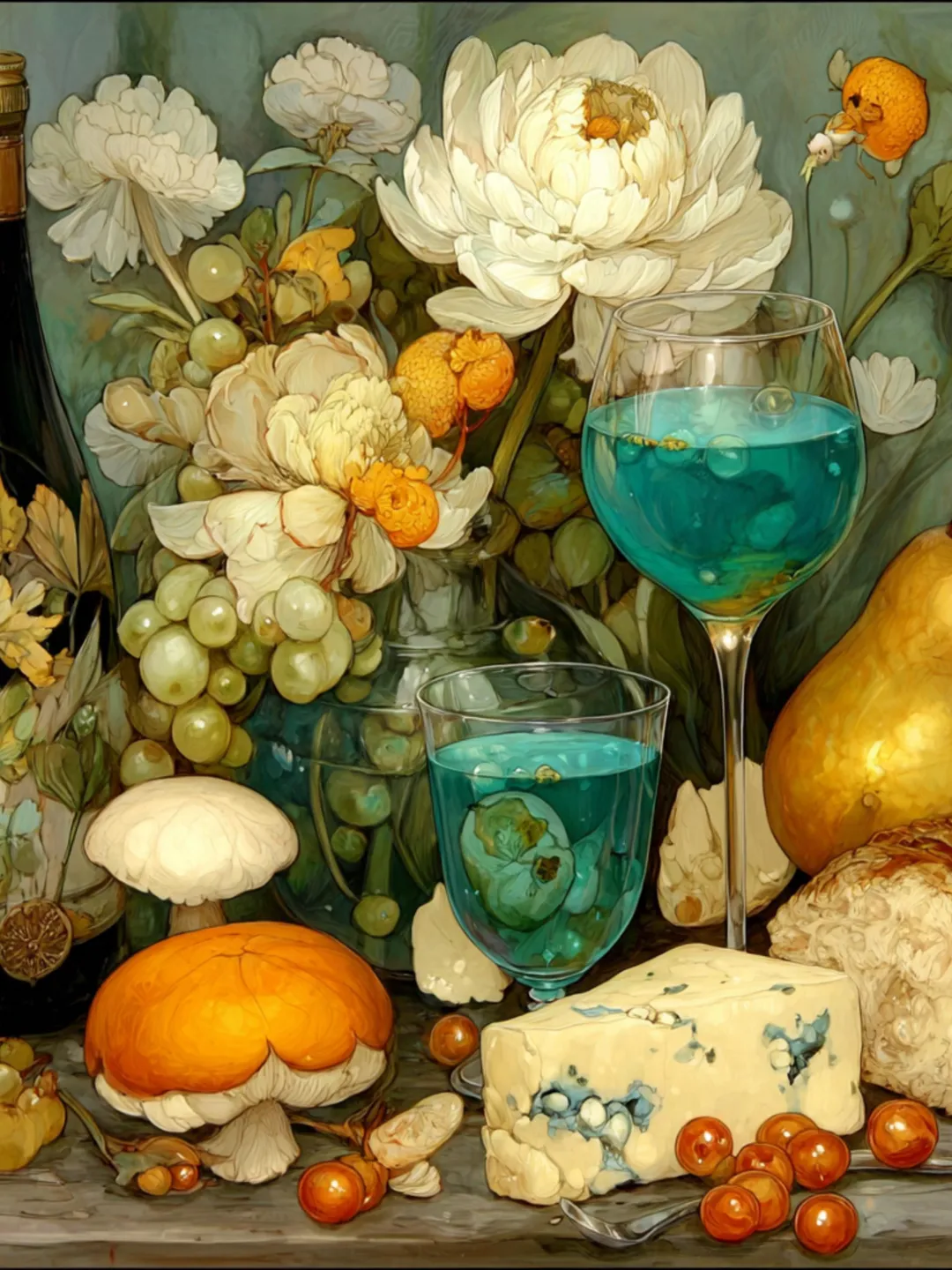 DIY Wall Art Kitchen Still Life | Digital Art Wine Cheese Bread Fruit | Dining Room Artwork for Crafters POD Sublimation Decor