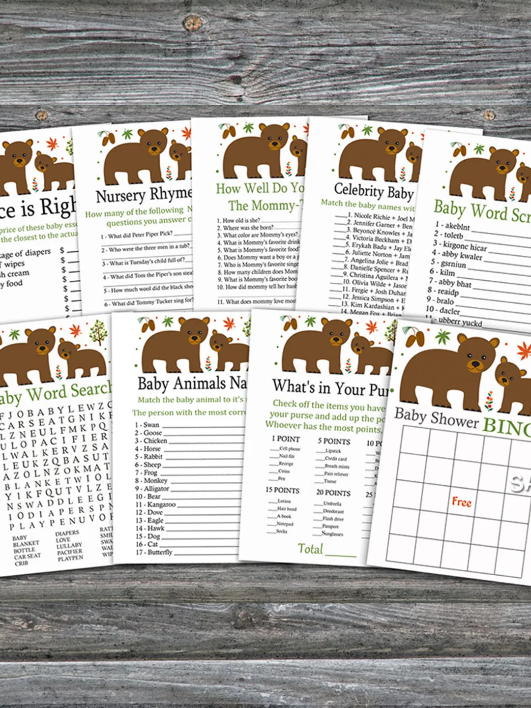 Woodland baby shower games bundle,Bear Baby Shower games package,Fun Baby Shower Games,9 Printable Games-214