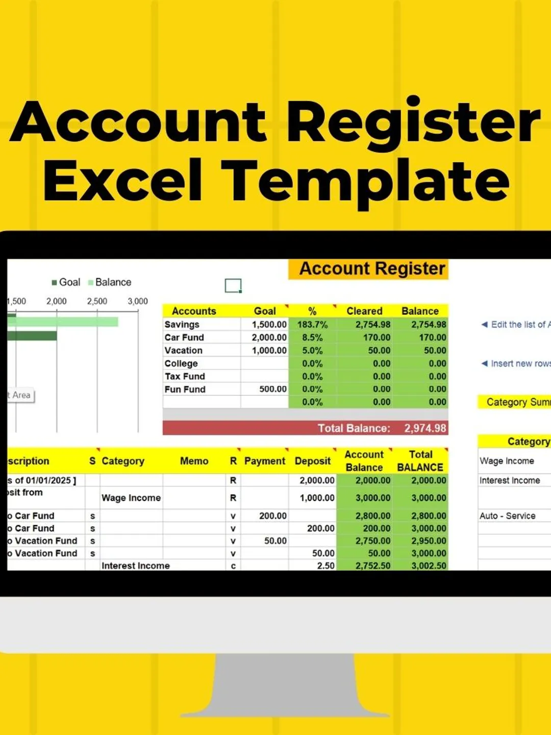 Printable Account Register Template | Excel & PDF (Digital Download)