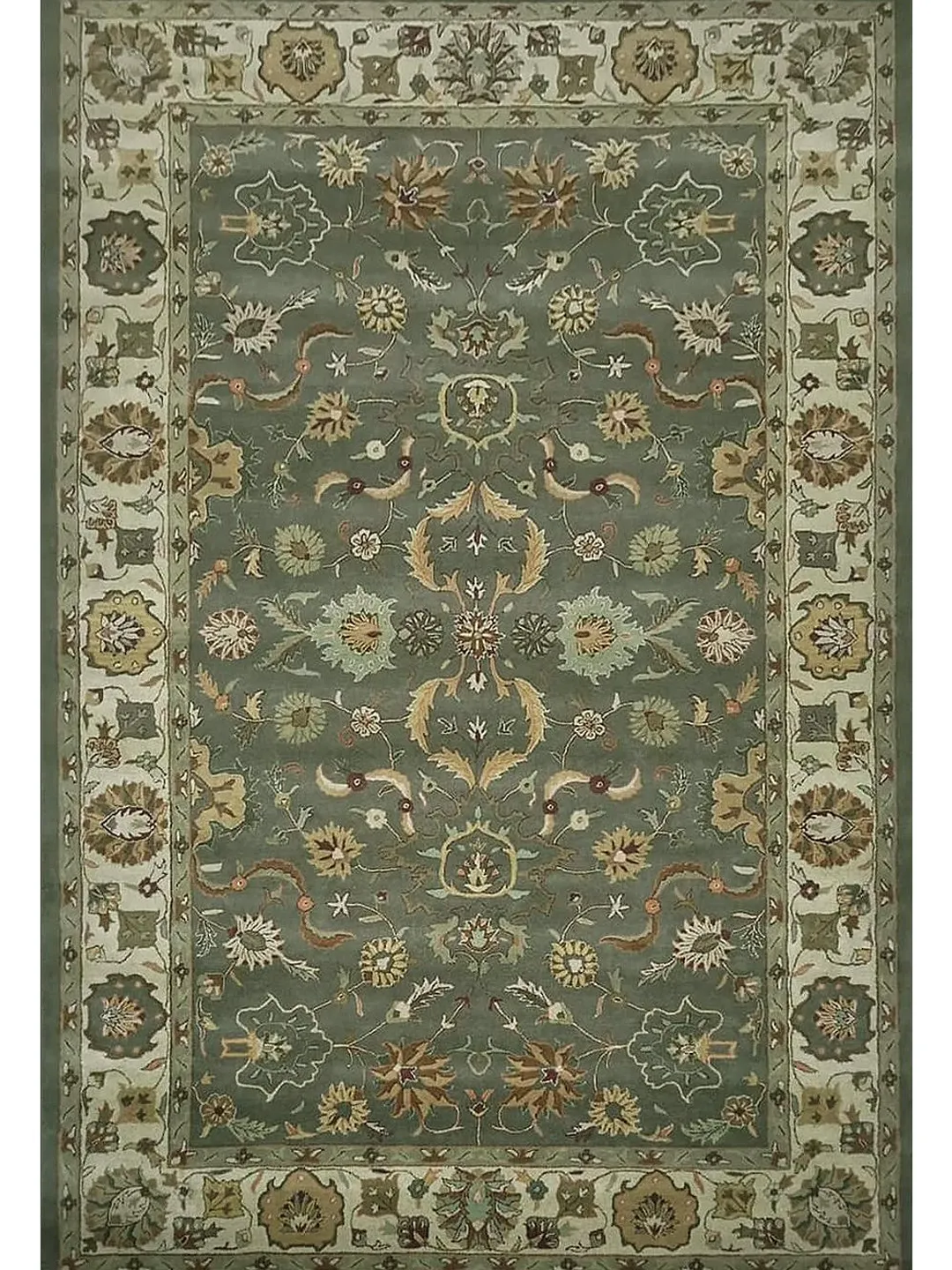 Hand-Tufted Wool Area Rug, Sage Green Persian Floral Design