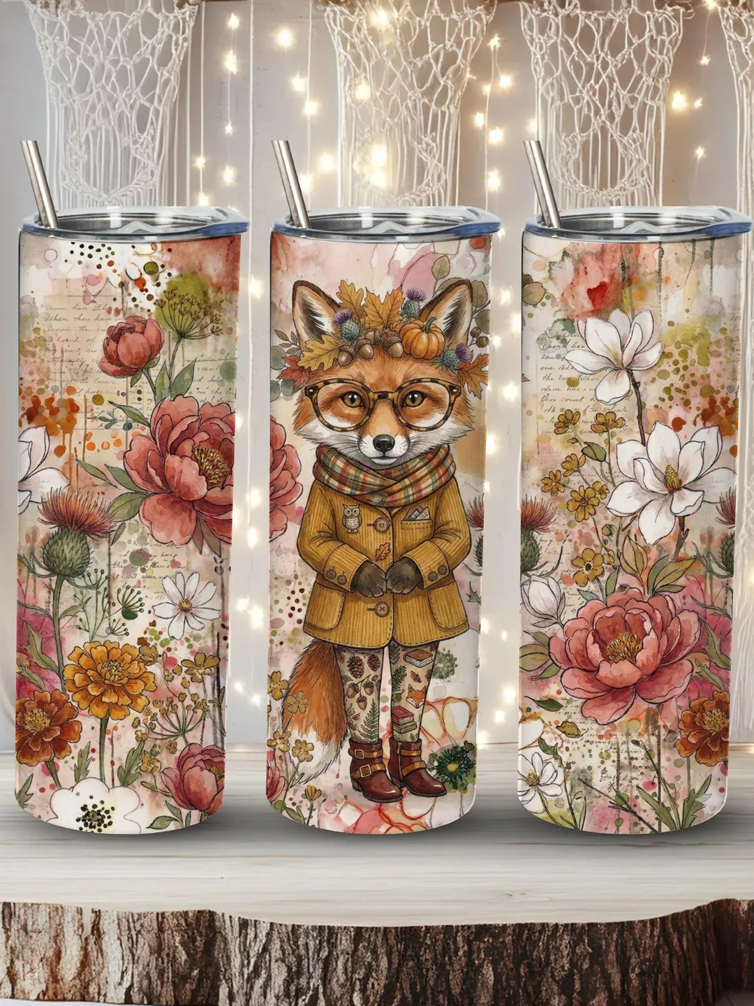Floral Fox Tumbler Wrap PNG, Cute Woodland Fox Sublimation Design ...