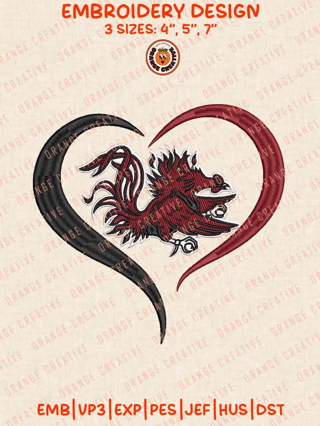 South Carolina Gamecock Heart Embroidery Files, Football Embroidery Designs, College Sport Machine Embroidery Files, 3 Sizes, Custom Sizes, Instant Download