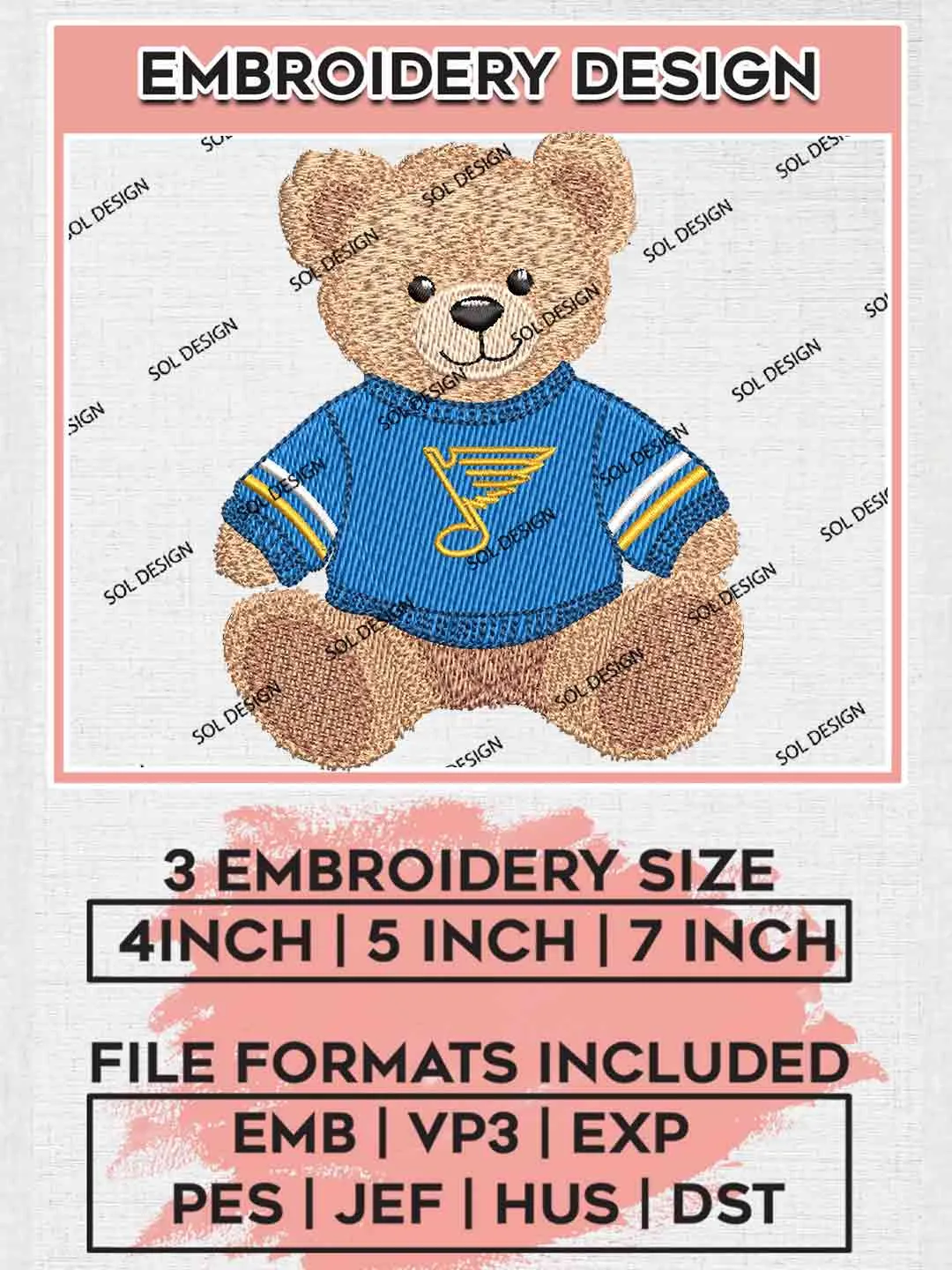 NHL St. Louis Blues Cute Teddy Bear Embroidery Designs, Vintage Sports Bear Hockey Embroidery Design File, NHL Team, Sport Bear Embroidery, NHL St. Louis Blues Team Embroidery, Digital Download