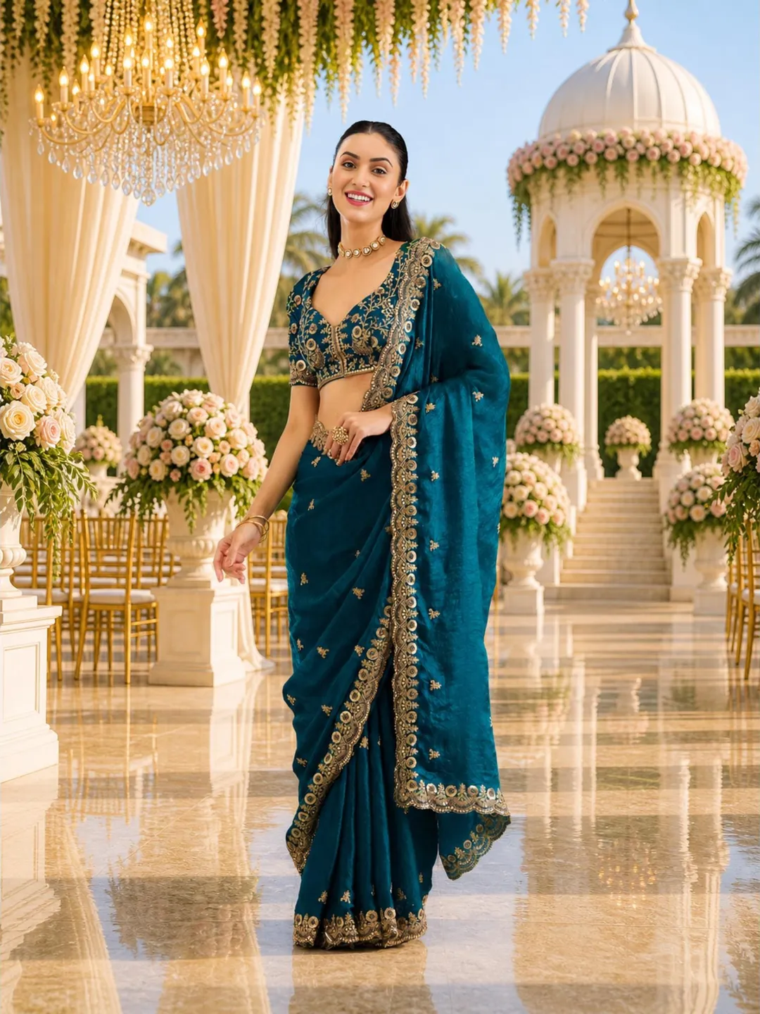 Dove Blue Sequin Ready To Wear Saree For Women: Tissue Embroidery, Indian Wedding Wear