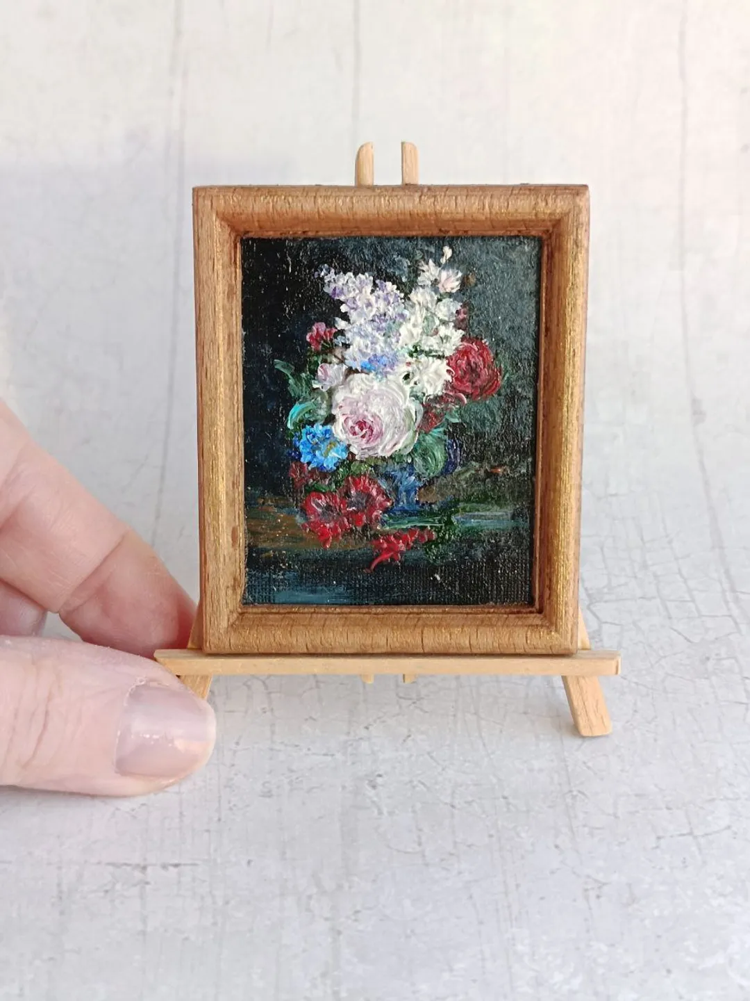 Miniature original oil painting with a bouquet of flowers in a vase in vintage style for dollhouses in 1/12, 1/6 scale