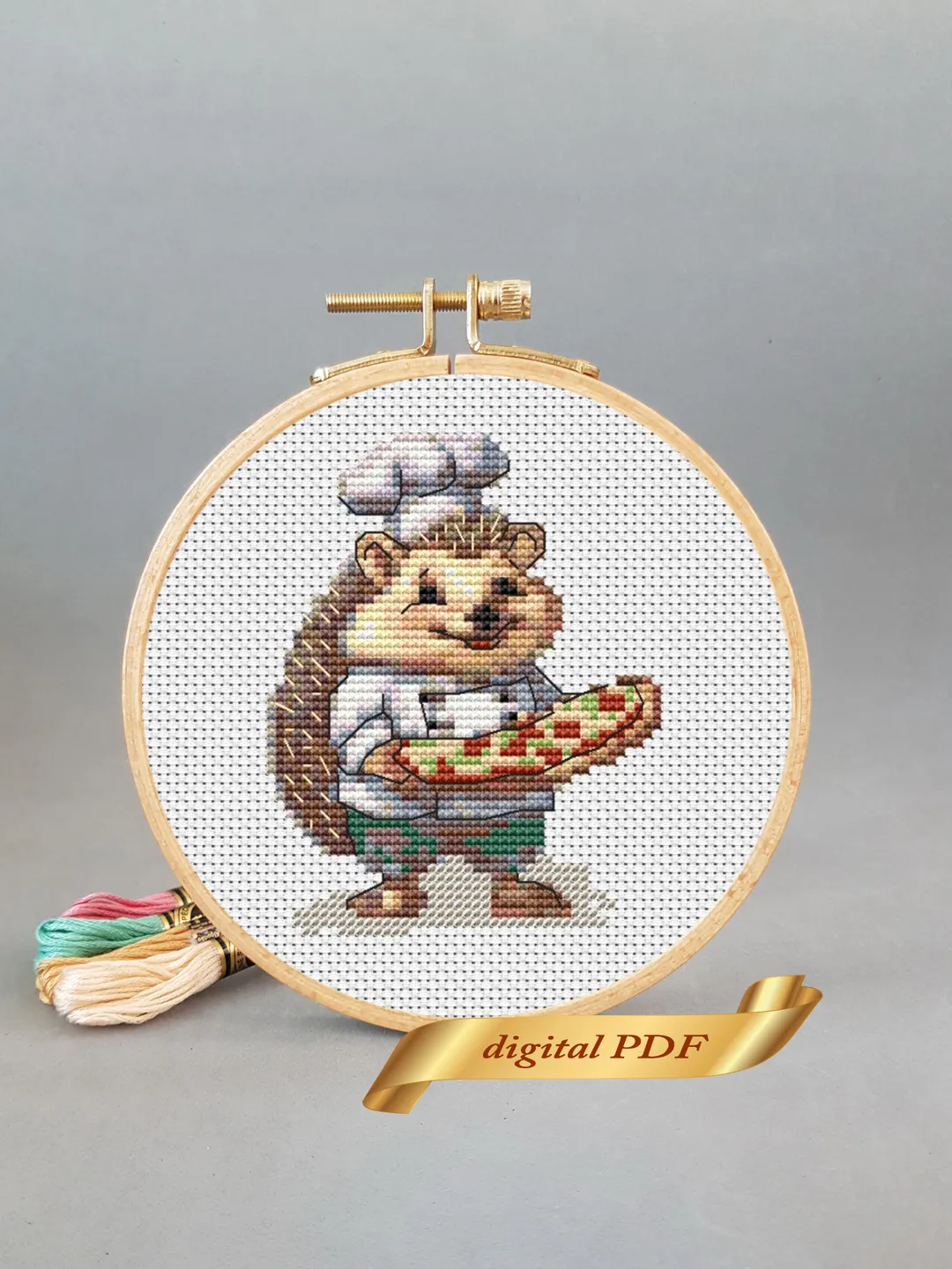 Hedgehog and pizza pattern pdf cross stitch, small design easy embroidery DIY, art 1