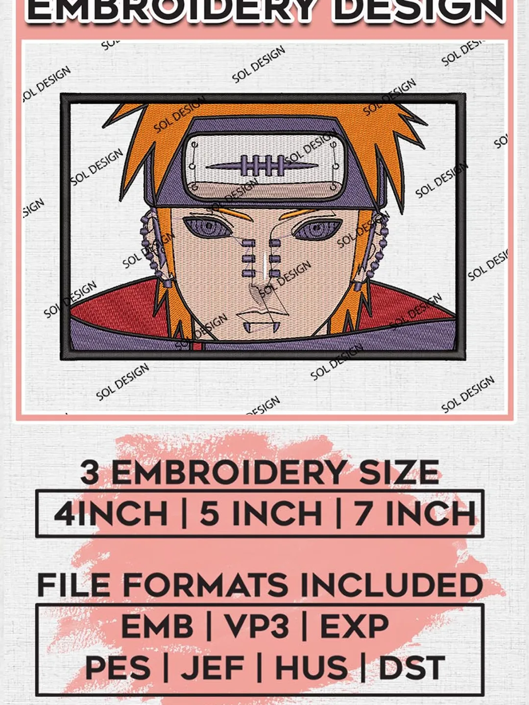 Pain Face Anime Naruto Embroidery Designs, Anime Character Embroidery Files, Pes Dst Files, Instant Download EMB_ANIME_109