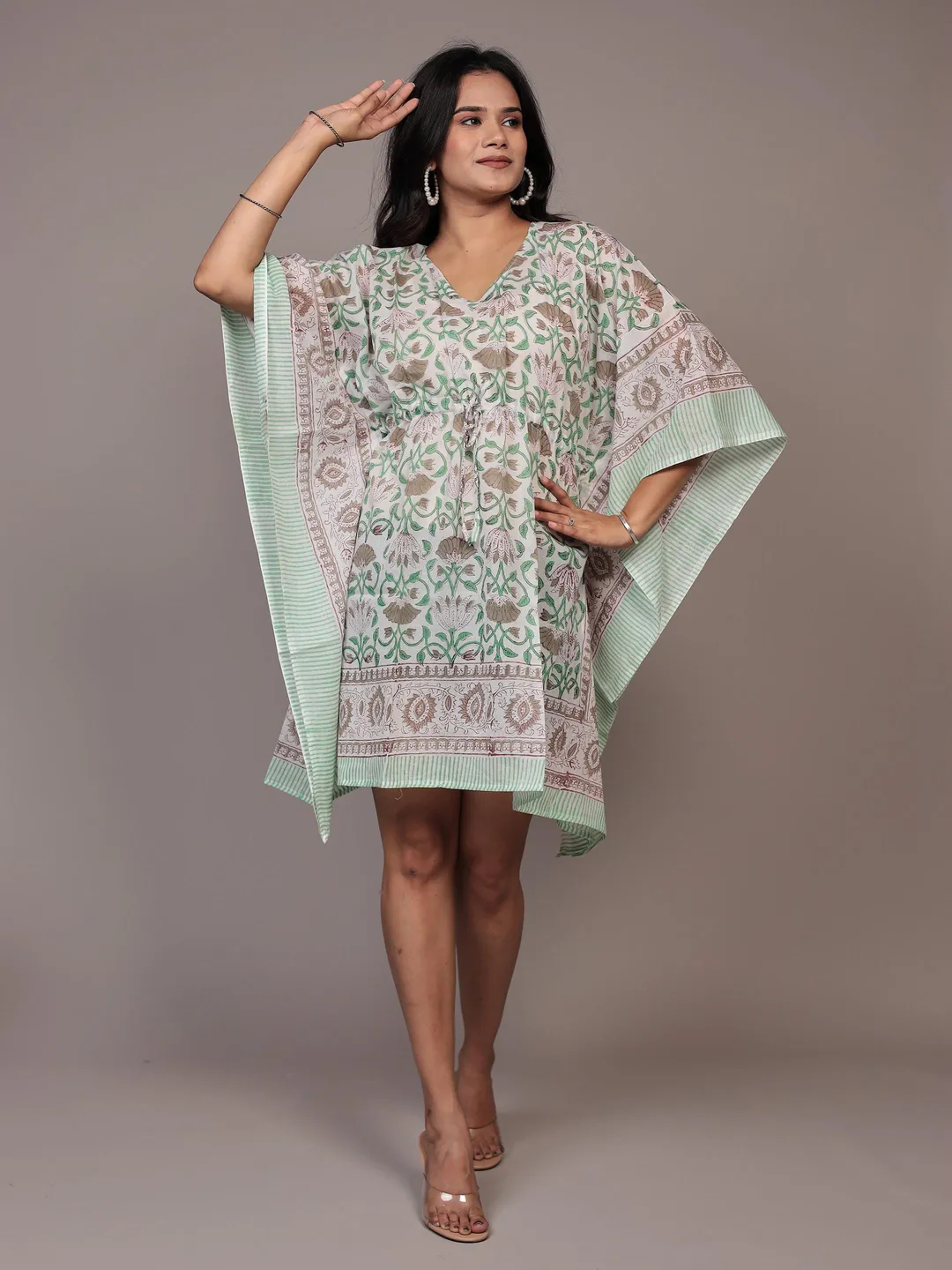cotton kaftan short dress Short Sleeve Mini Kaftan - Frond Orange
