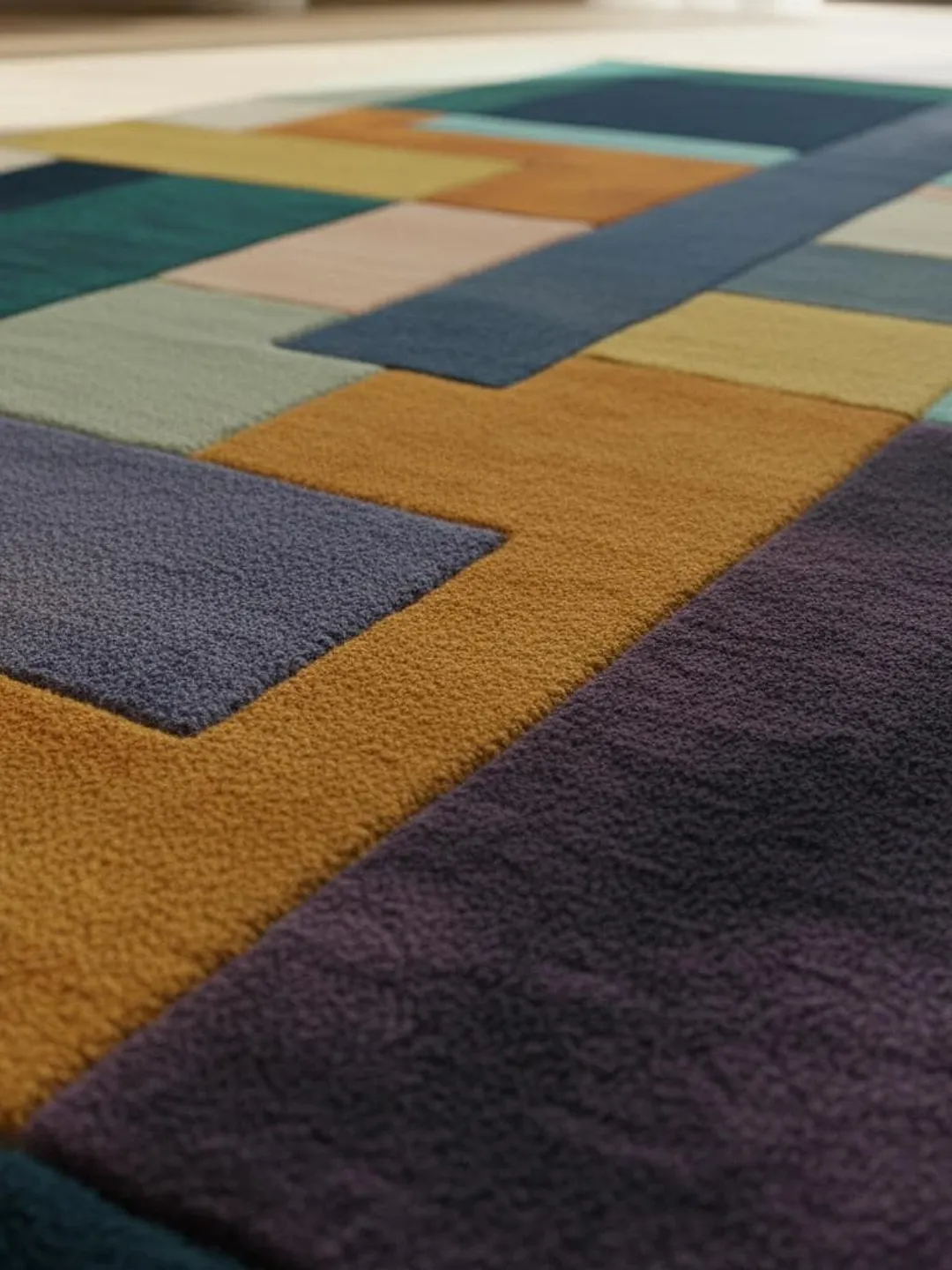 Abstract Geometric Wool Area Rug: Hand-Carved Color Block Decor Teppich