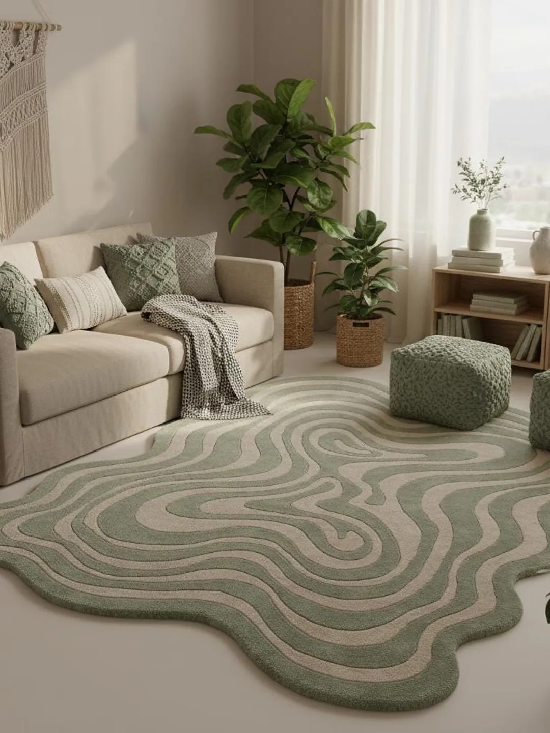Irregular Squiggly Abstract Sage Green Rug, Modern Wavy Hand Tufted ...