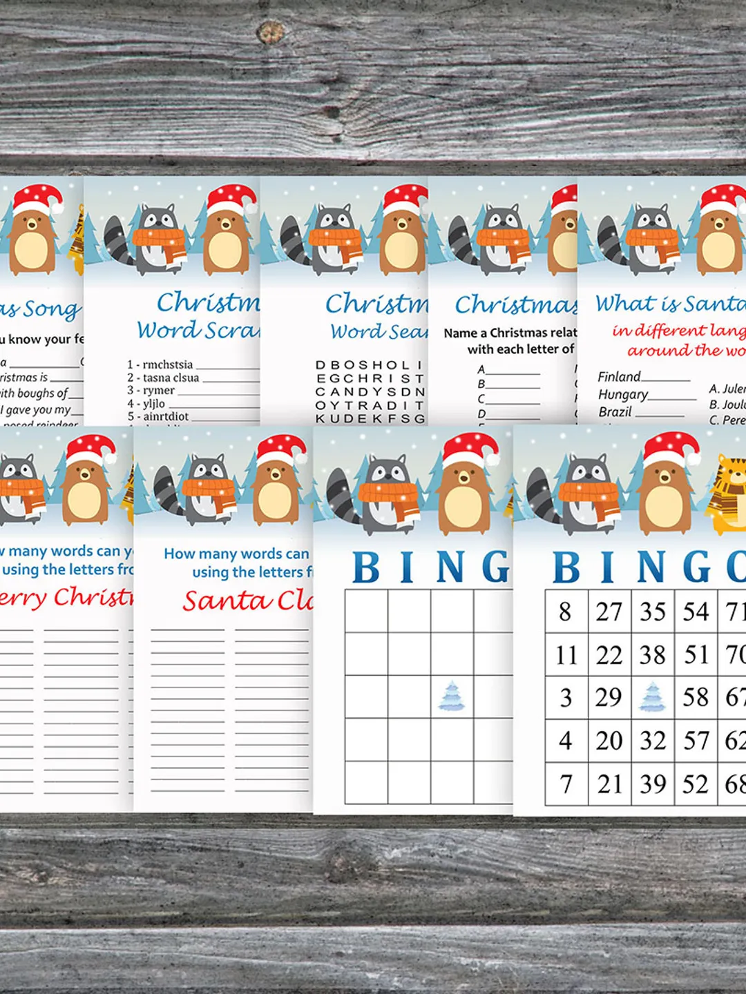 Christmas party games bundle,Printable Christmas Party Game Pack,Winter animals Christmas Trivia Game Cards