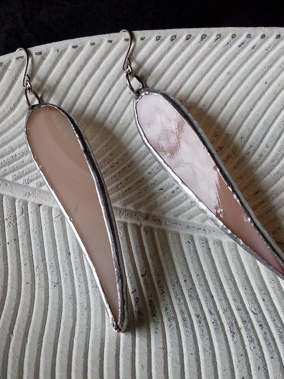 Dangle beige earring, simple stained glass long earrings, kawaii petals earrings