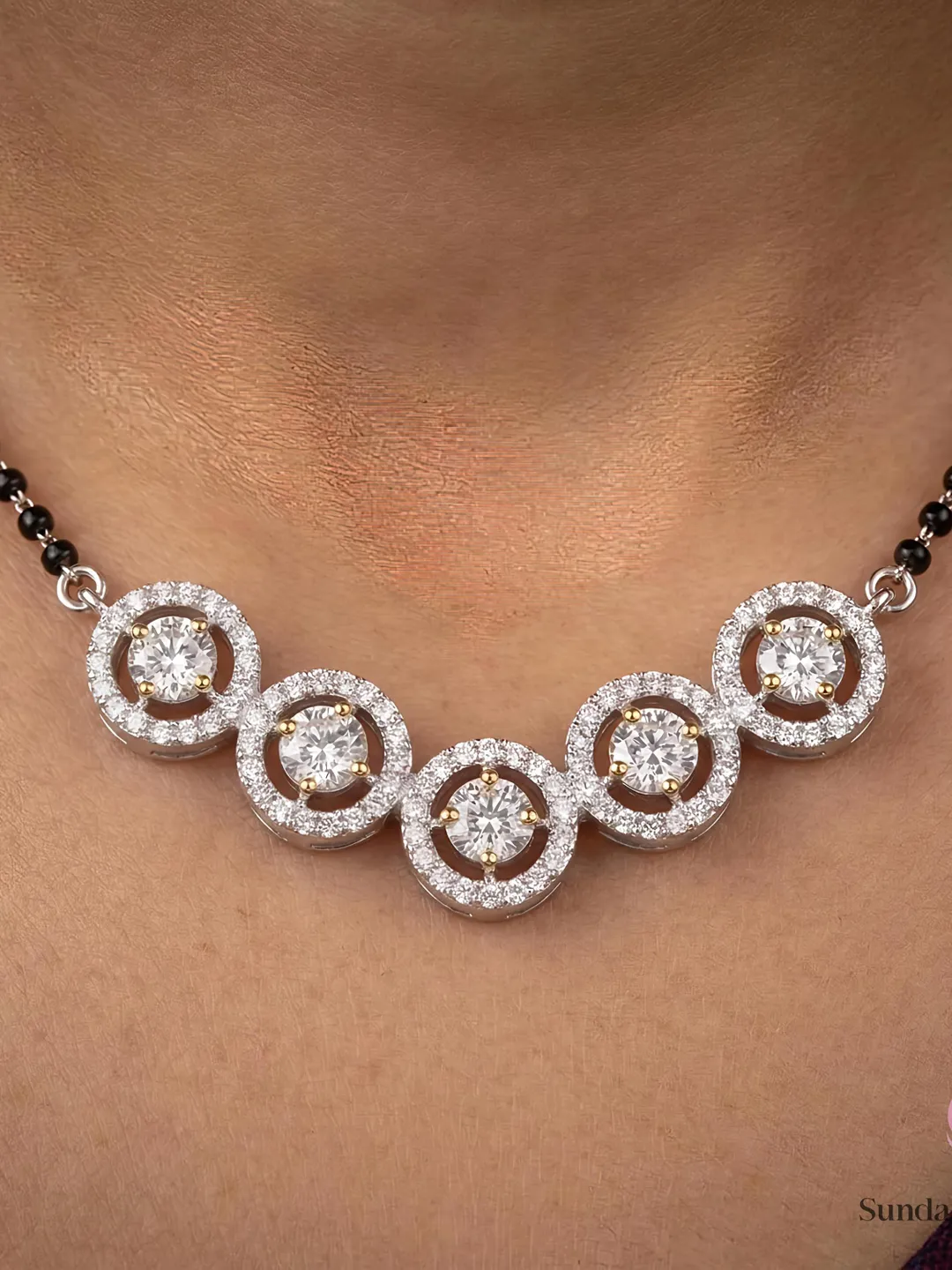 Dainty Multi-Halo Moissanite Mangalsutra – 925 Sterling Silver 14K Gold Finish – Contemporary Bridal Party Accessories