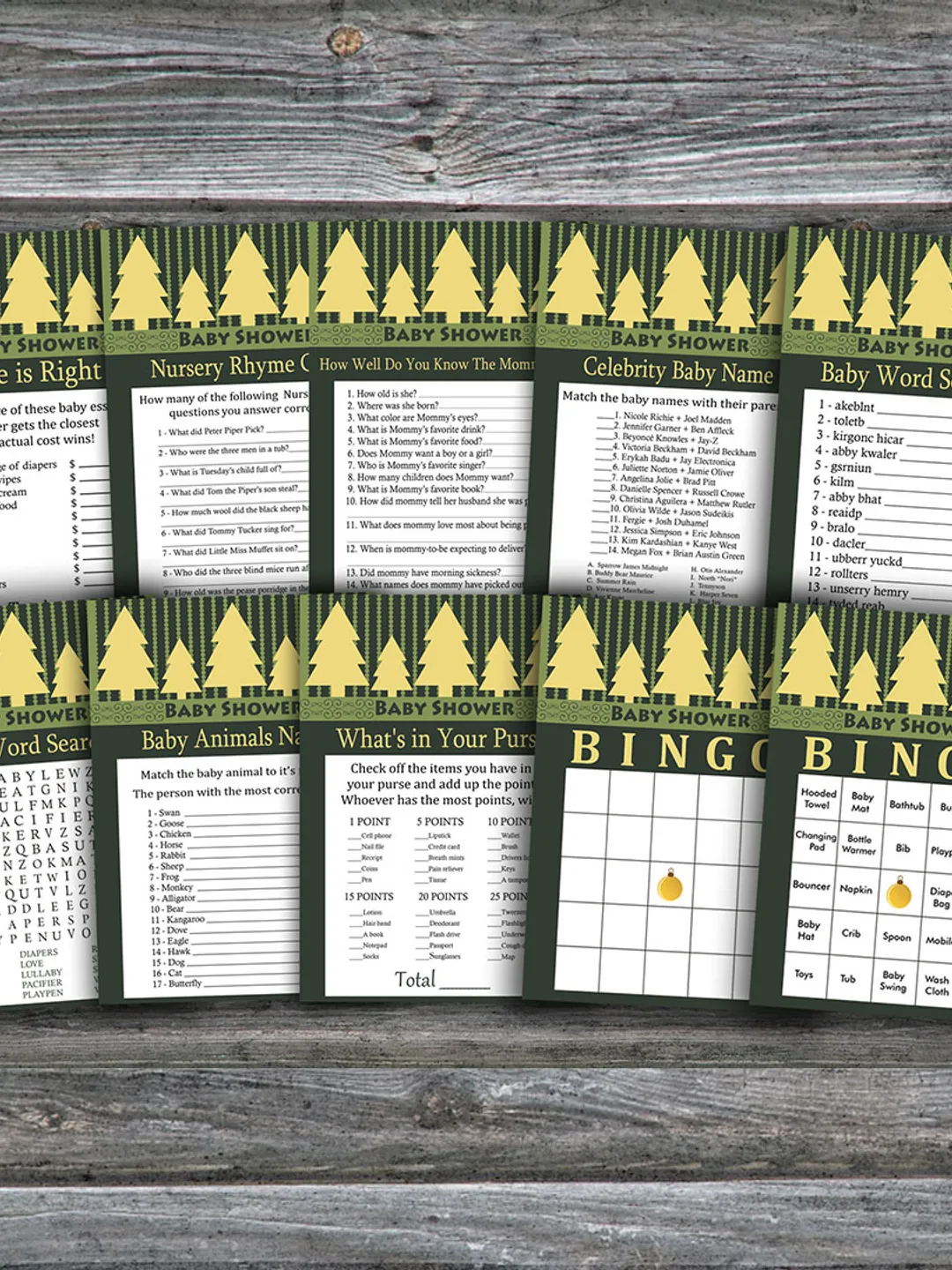 Gold christmas tree baby shower games bundle,Christmas Baby Shower games package,Fun Baby Shower,9 Printable Games-271