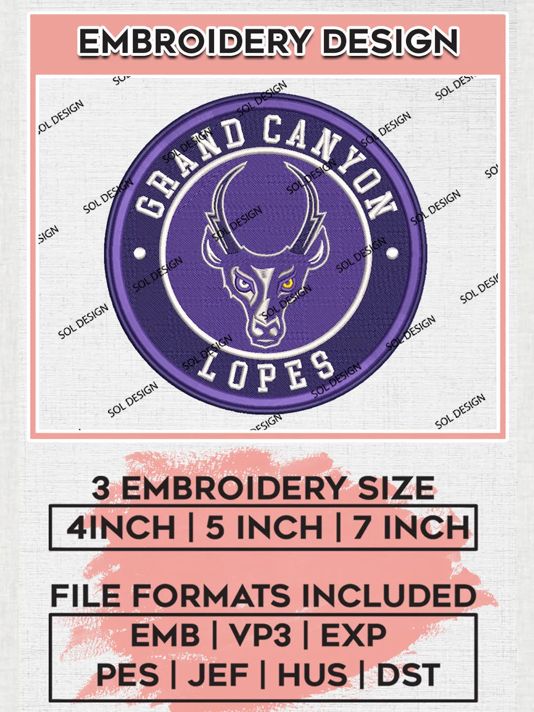 NCAA Grand Canyon Lopes Round Logo Embroidery, NCAA Grand Canyon Logo Embroidery files, NCAA Teams, Machine embroidery designs, Digital Download