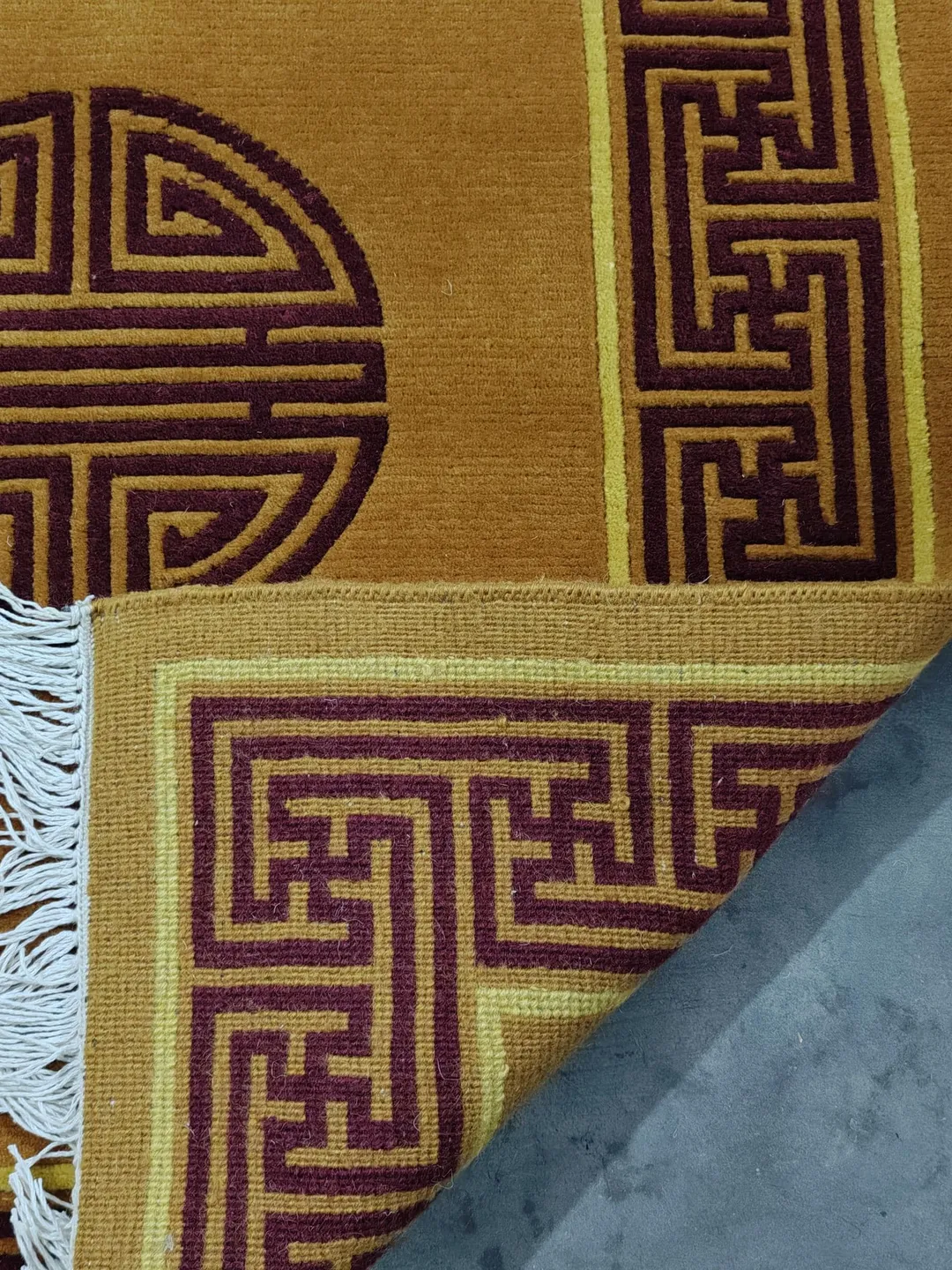 Hand-Knotted Wool Tibetan Runner Rug, Longevity Shou Symbol, Golden Yellow