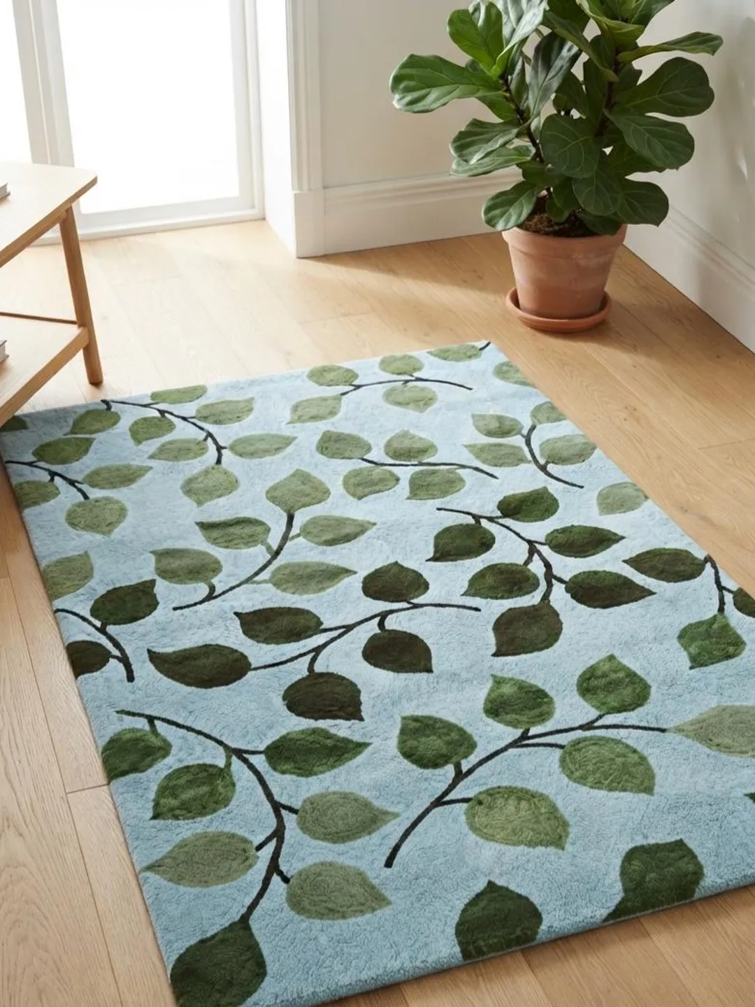 Hand Tufted Wool Area Rug | Botanical Leaf Pattern Blue Green | Modern Contemporary Floor Rug