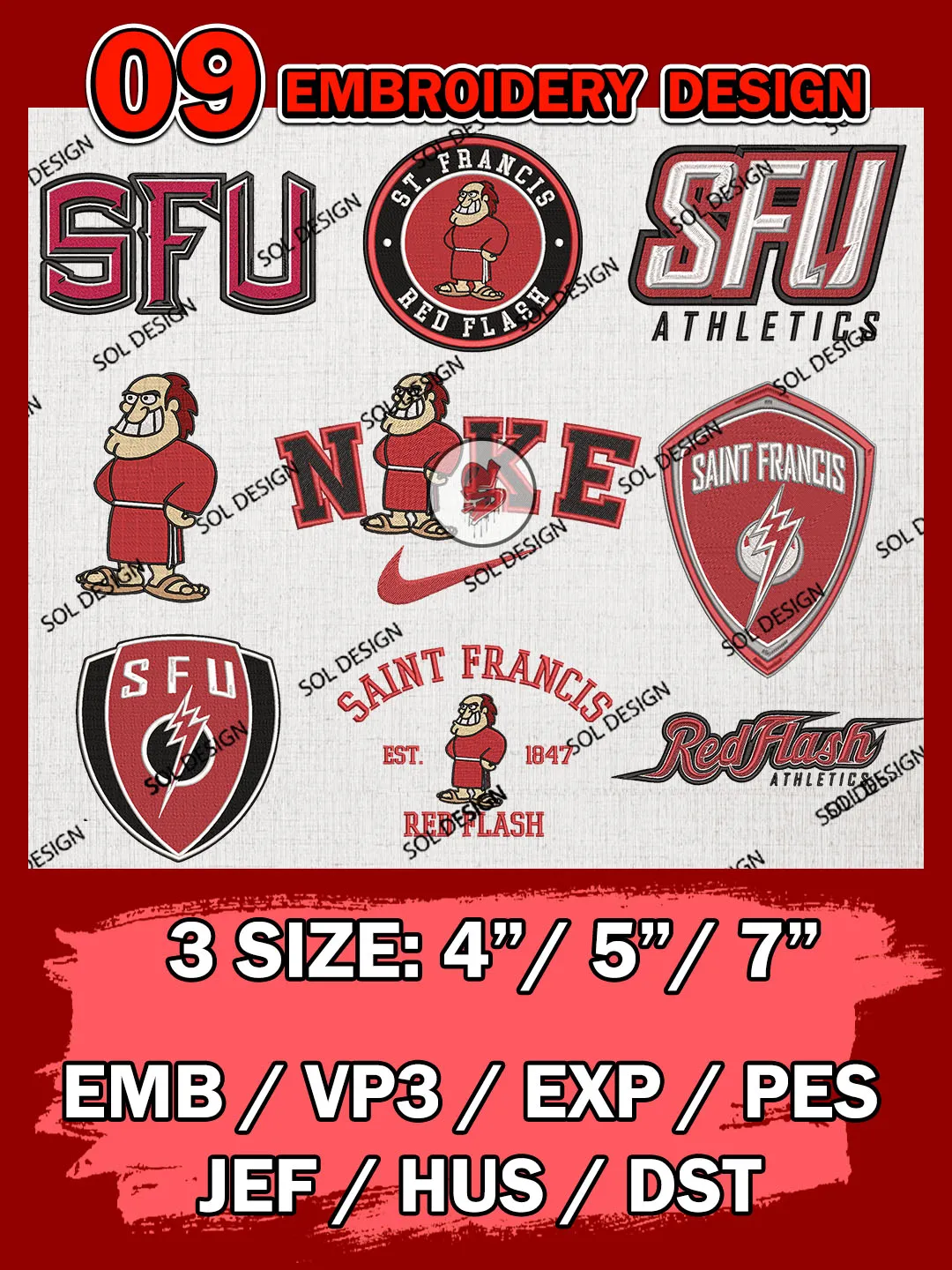 9 NCAA St. Francis Red Flash Bundle Embroidery Files, NCAA St. Francis Red Flash Team Bundle Embroidery Designs, NCAA Teams, National College Football Team 3 sizes, NCAA St. Francis Machine Embroidery, Digital Download