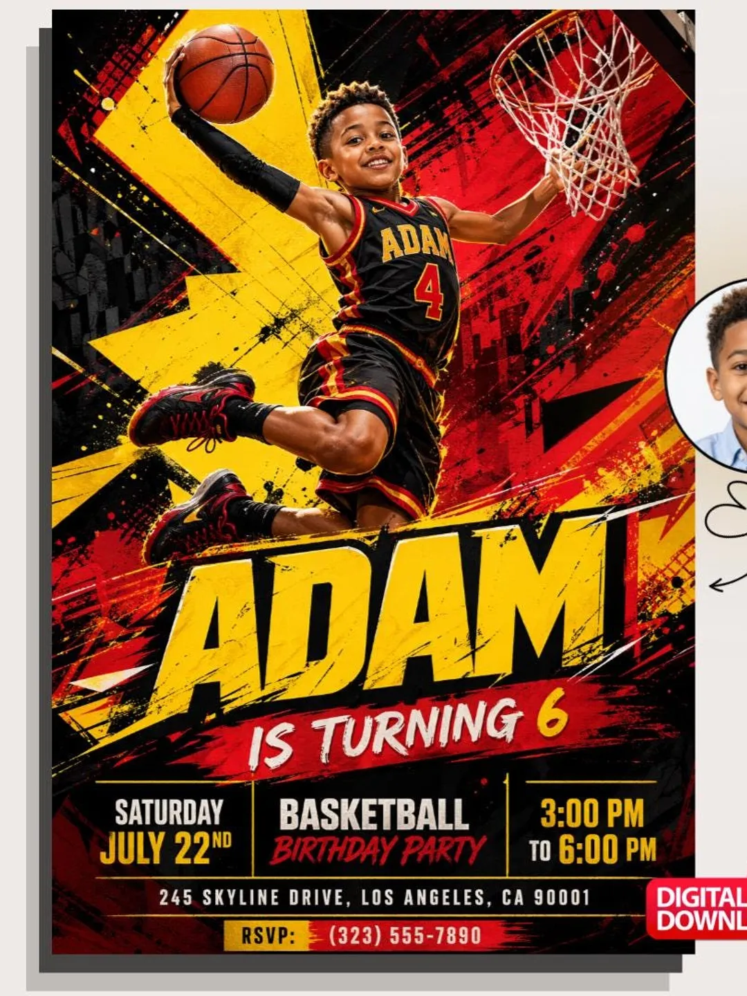 Custom Photo Basketball Birthday Invitation, Slam Dunk Party (Digital Download)