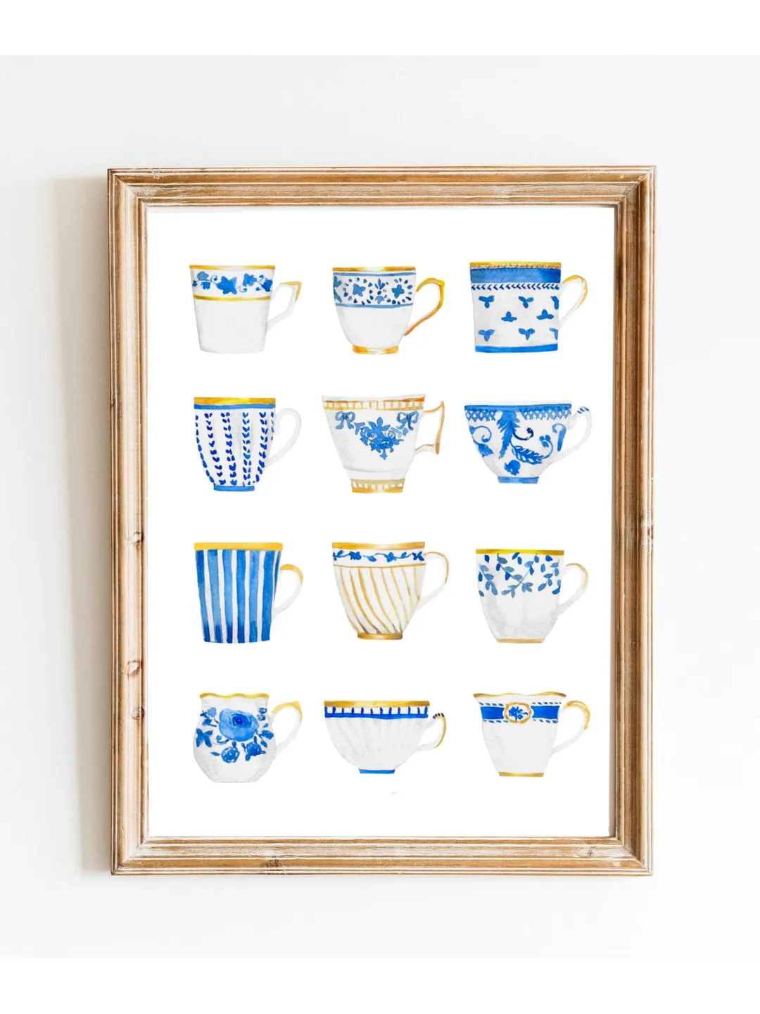 Teacups Art Print Blue And White Watercolor Painting Chinoiserie Wall Art Poster Tea Art Gift For Tea Lovers Vintage Tea Cups Kitchen Print