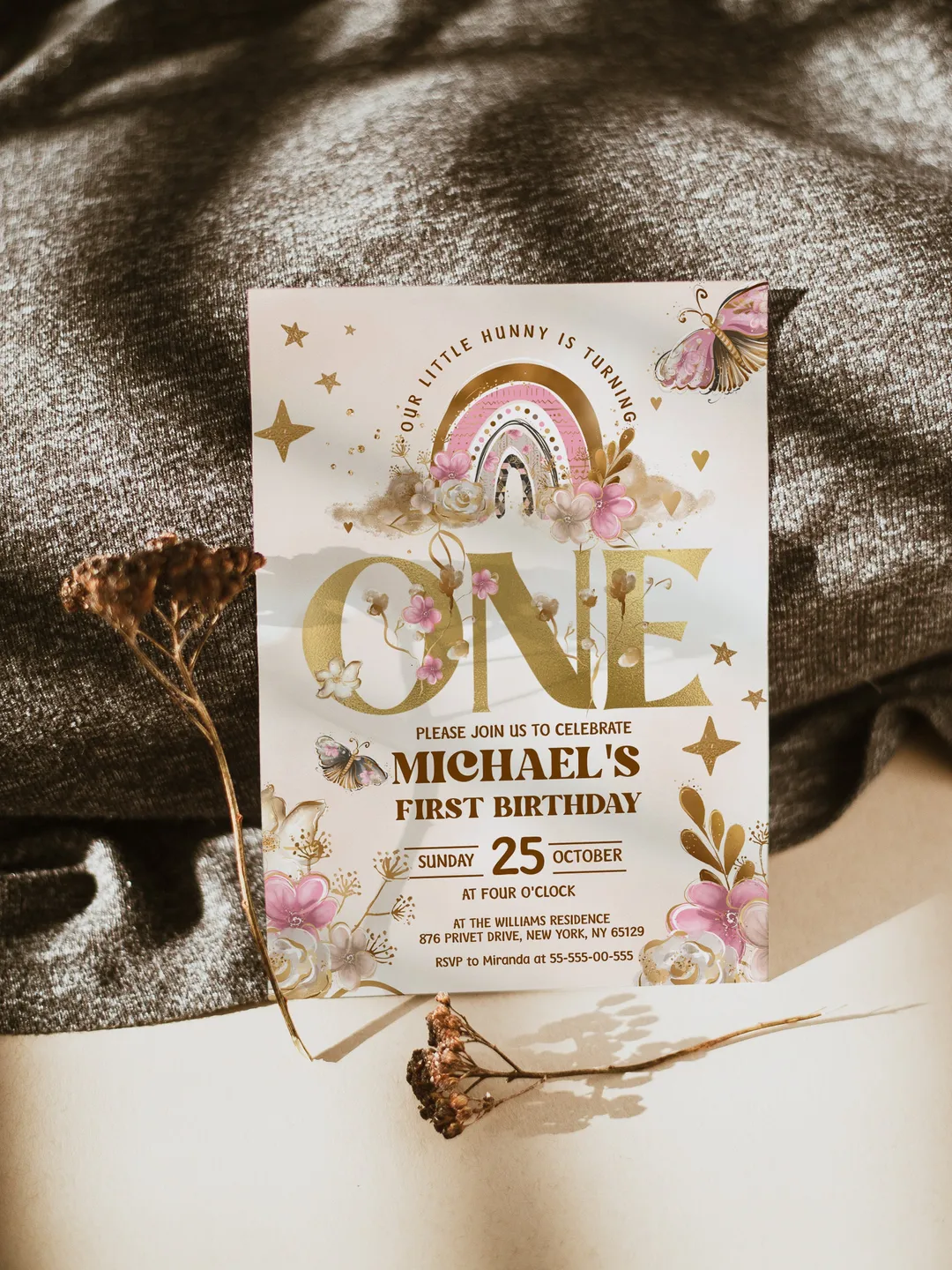Editable Girl Birthday Invitation; Flowers Boho Rainbow Butterflyes Birthday; Cute girl invitation any age; boho rainbow birthday invitation