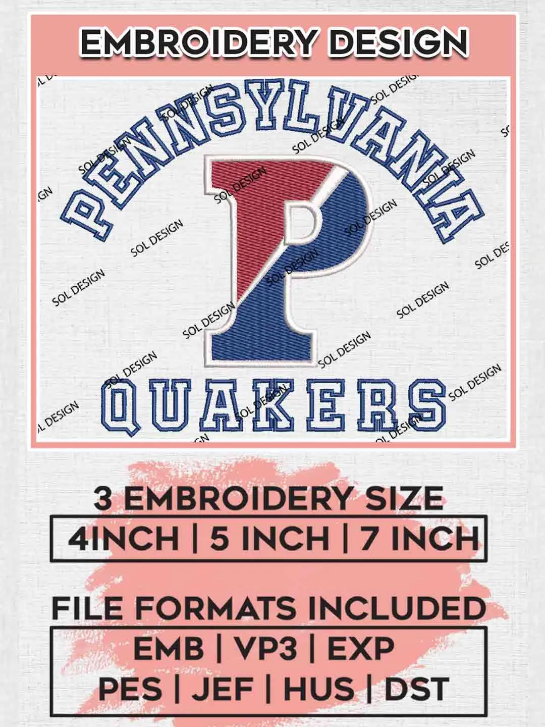 Pennsylvania Quaker Embroidery Design, Football Embroidery files, Sport Machine embroidery files, 3 sizes, Instant Download