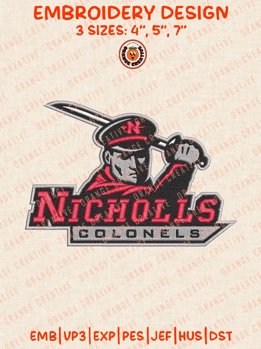 Nicholls Colonels Logo Embroidery Design Files, NCAA Logos Embroidery Designs, NCAA Machine Embroidery Files, 3 Sizes, Custom Sizes, Instant Download