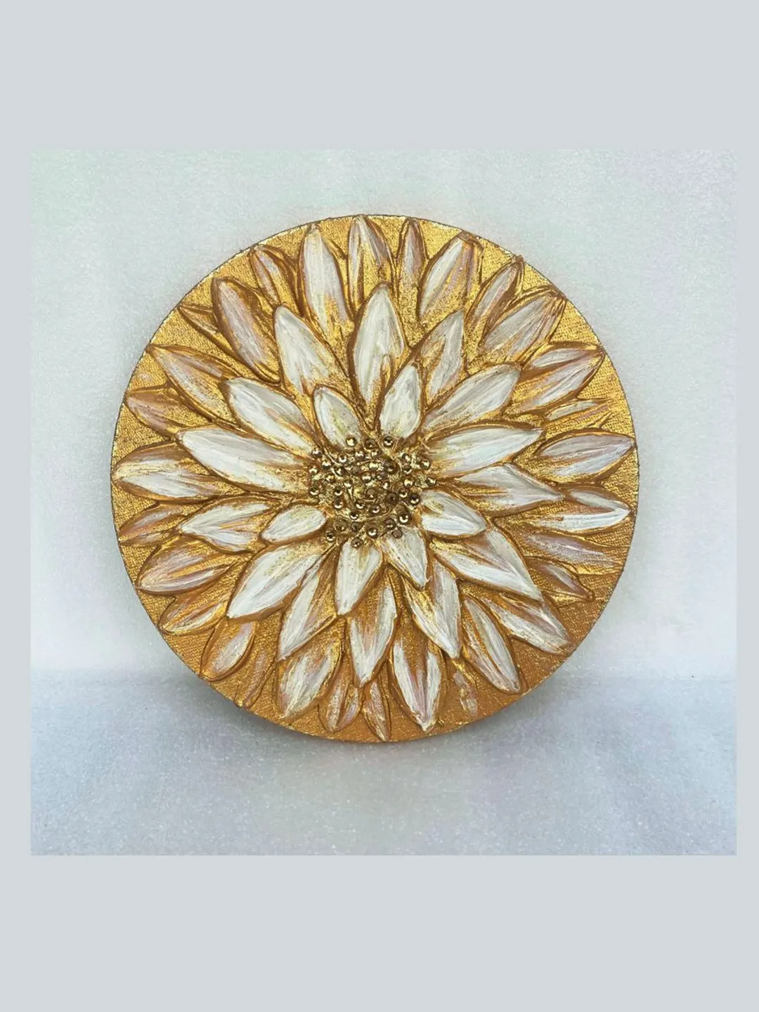Golden Daisy art Floral Abstract Original Painting Textured artwork on a round canvas | Gold Flower wall art with gold crystals