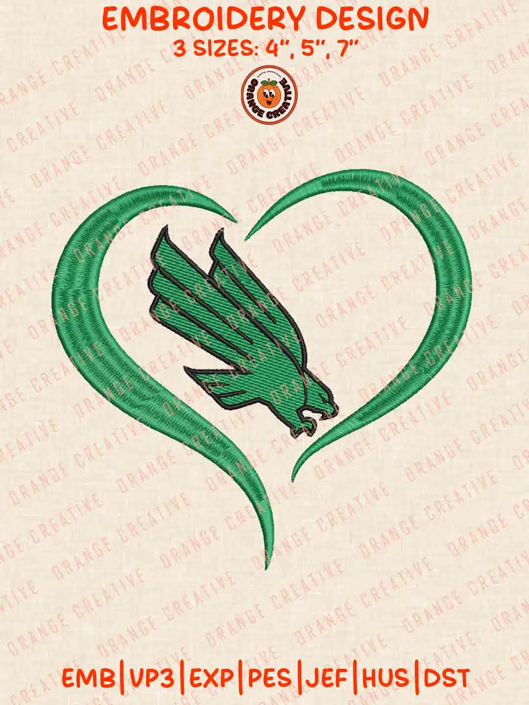 North Texas Mean Green Heart Logo Embroidery Design, NCAA North Texas Mean Green Team Machine Embroidery Digitized Pes File, 4 Sizes, Custom Size, Instant Download