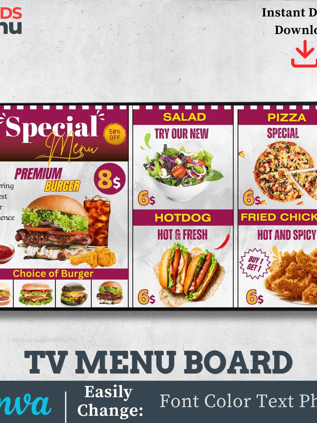 Burger Restaurant TV Menu Board: Editable Canva Template (Digital Download)
