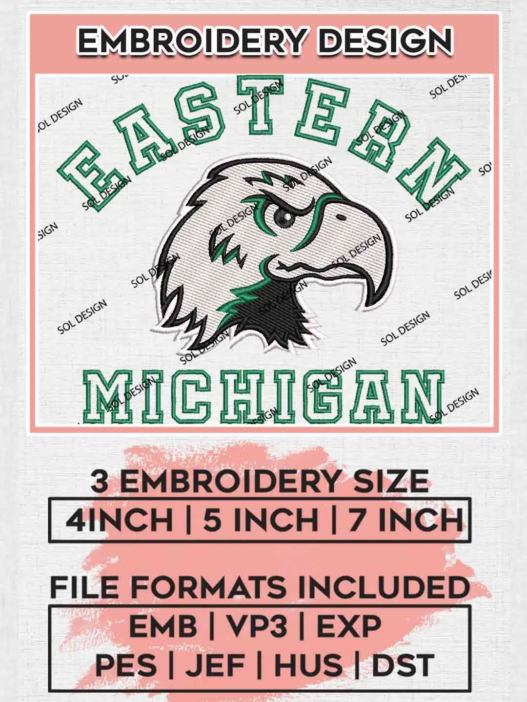 Eastern Michigan Embroidery Designs, NCAA Eastern Michigan Eagles Team Logo Embroidery files, NCAA Team, College Football Team Machine embroidery designs, Digital Download