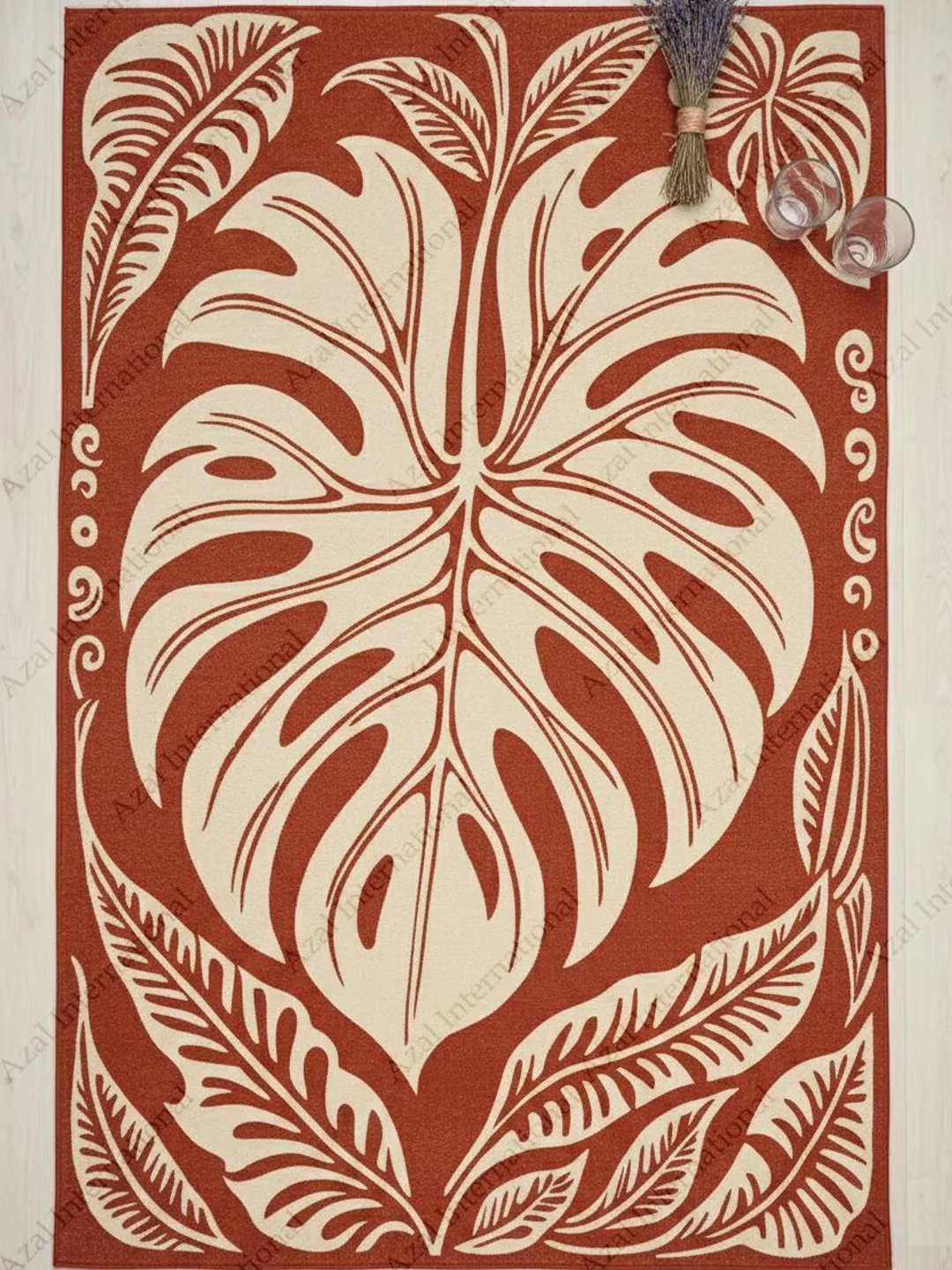 Hand Tufted Tropical Leaf Area Rug with Terracotta and Ivory Botanical Design.