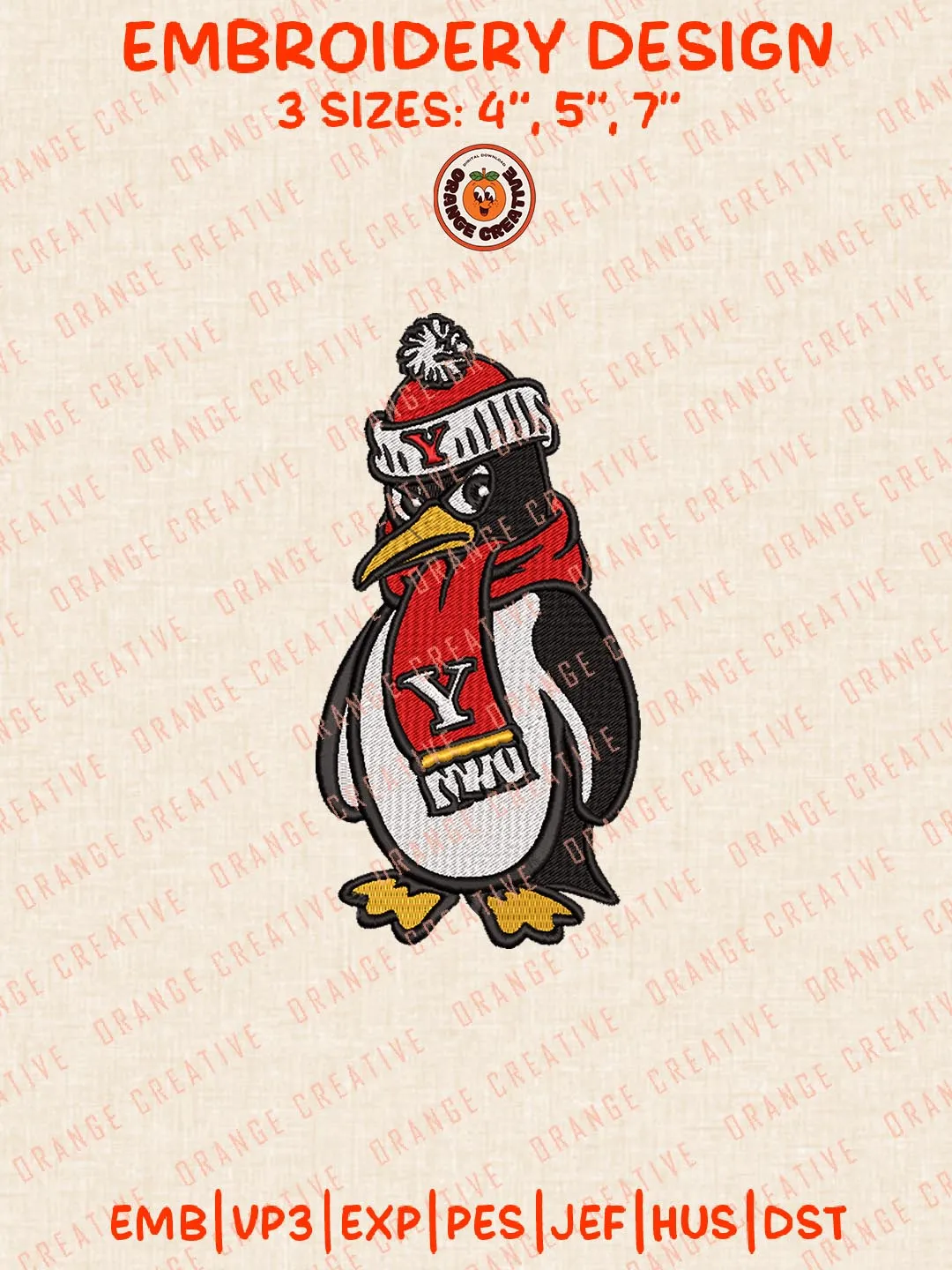 Youngstown State Penguins Mascot Logos Embroidery Design Files, NCAA Logos Embroidery Designs, Machine Embroidery Files, 4 Sizes, Custom Sizes, Instant Download