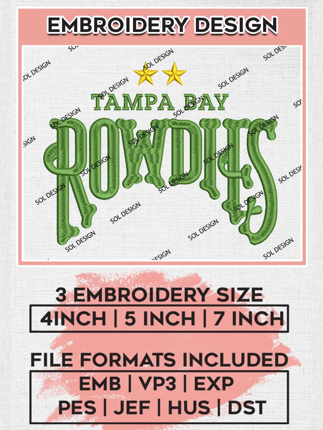 USLC Tampa Bay Rowdies Logo Embroidery Designs, USLC Tampa Bay Rowdies Embroidery Design, USLC Embroidery Design Files, USLC Logo, 3 sizes, Machine embroidery Files, Digital Download