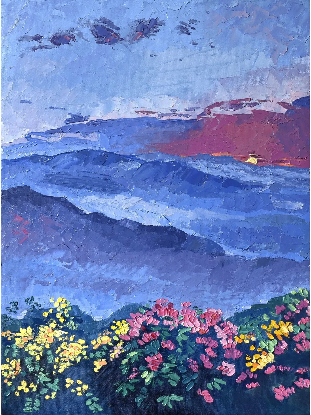 Smoky Mountains painting Sunset original art Blue Mountains artwork Flower Meadow wall art by Natalia Plotnikova