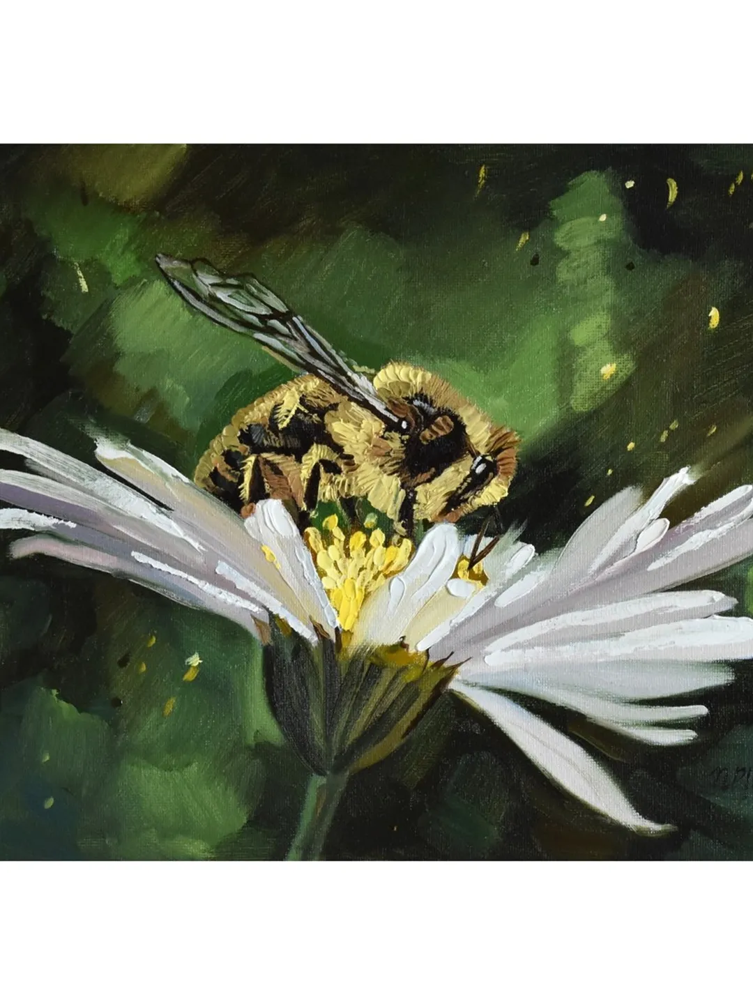 Bee painting Honeybee Original Art 10 by 14 Daisy wall art White Daisies artwork Bumblebee art by Natalia Plotnikova