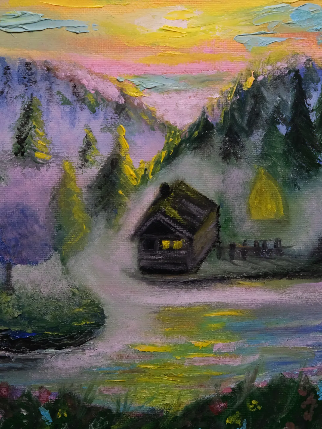 Oil Painting House in the Mountains Misty Dawn Mountains Mountain Landscape Mountain River Recreation Tourism Travel Canvas on Cardboard Miniature 9x7 inches 24x18 cm Wall Decor Gift for the occasion