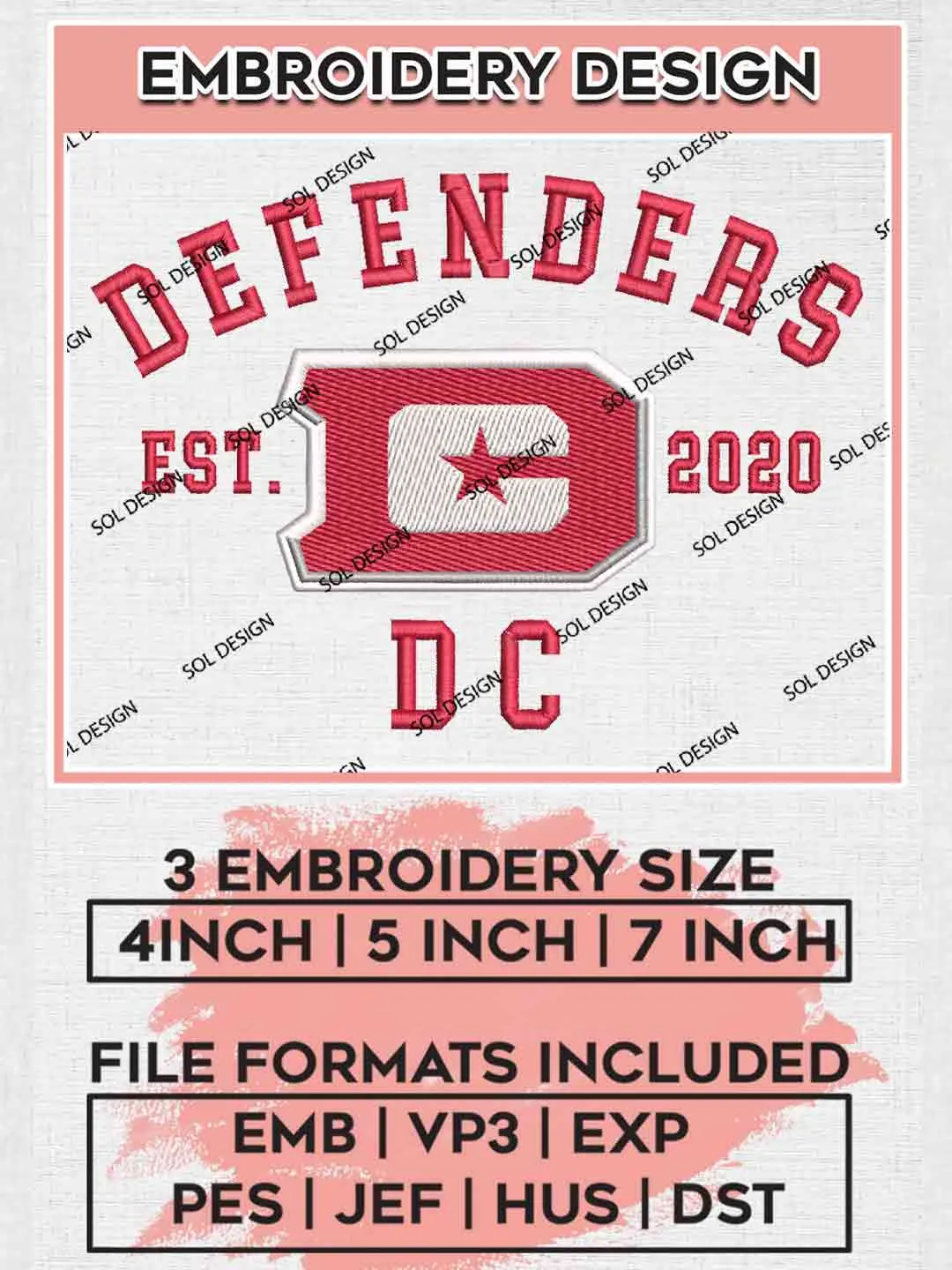 UFL DC Defenders Est Embroidery Design, Football League Embroidery files, Sport Machine embroidery designs, 3 sizes, Instant Download