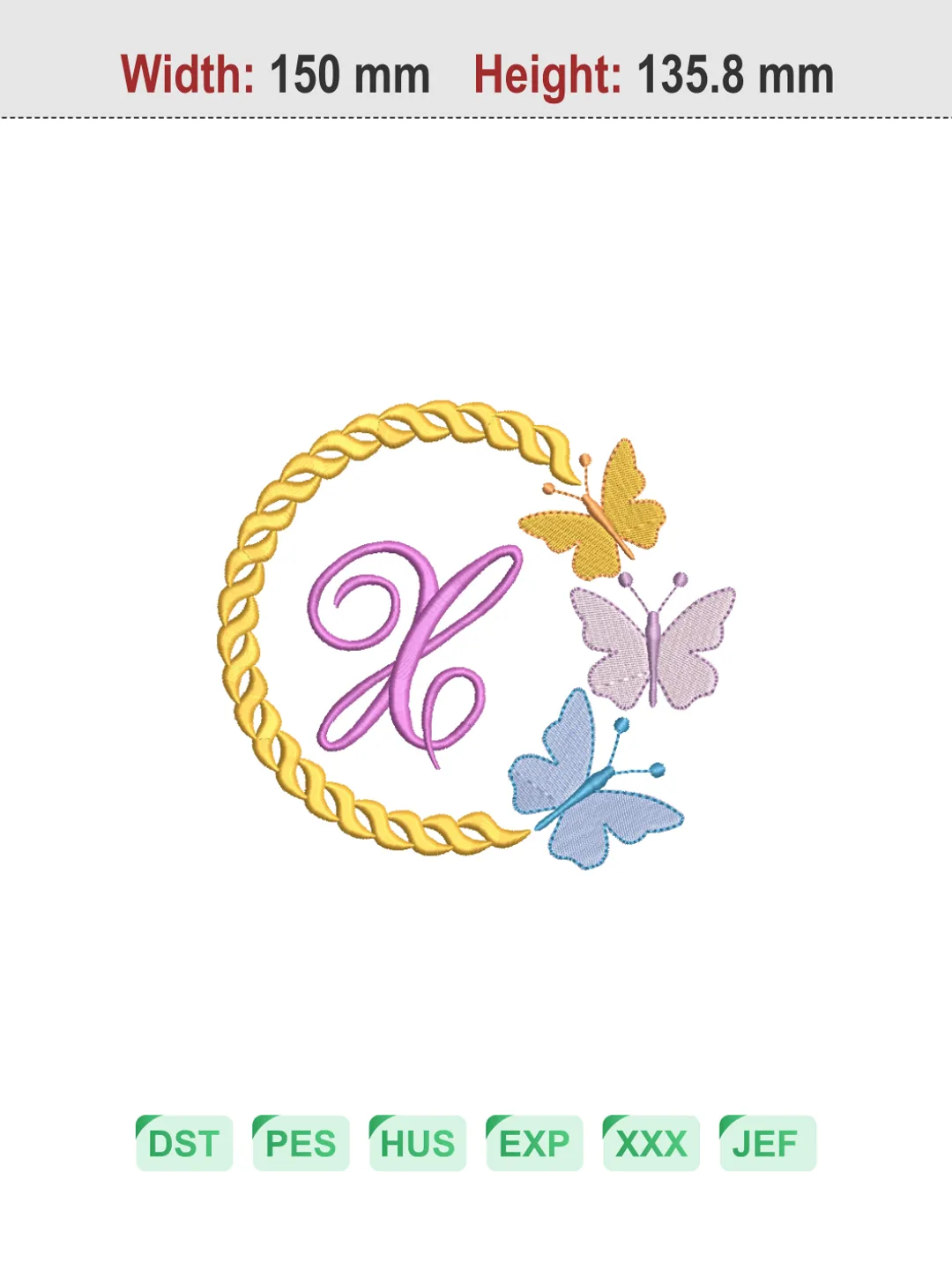 Butterfly Wreath Letter X Machine Embroidery Design