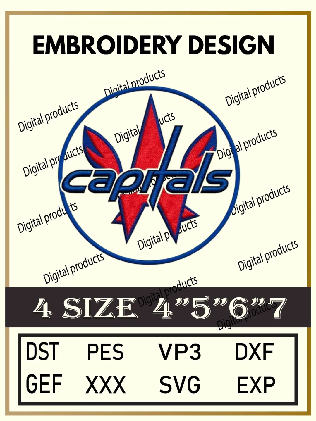 Washington Capitals Embroidery Design Digital Logo Pattern with Stylized Red W and Hockey Lettering for Machine Embroidery Projects in Four Sizes with Multiple Compatible Formats Including DST, PES, VP3, DXF, GEF, XXX, SVG, EXP Download
