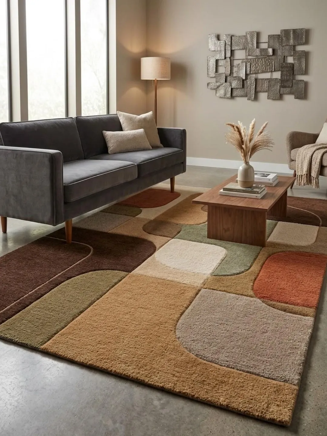 Modern Geometric Hand Tufted Wool Rug – Mid Century Abstract Area Rug