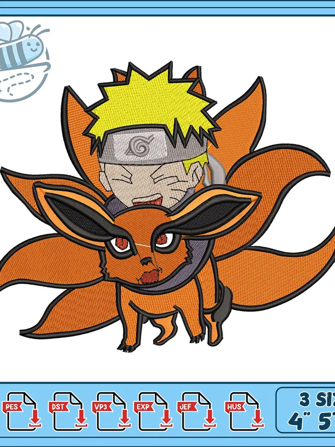 Naruto And Kurama Chibi Embroidery Design, Nine Tails Fox Anime Machine Embroidery File, Cute Ninja Character Embroidery Pattern