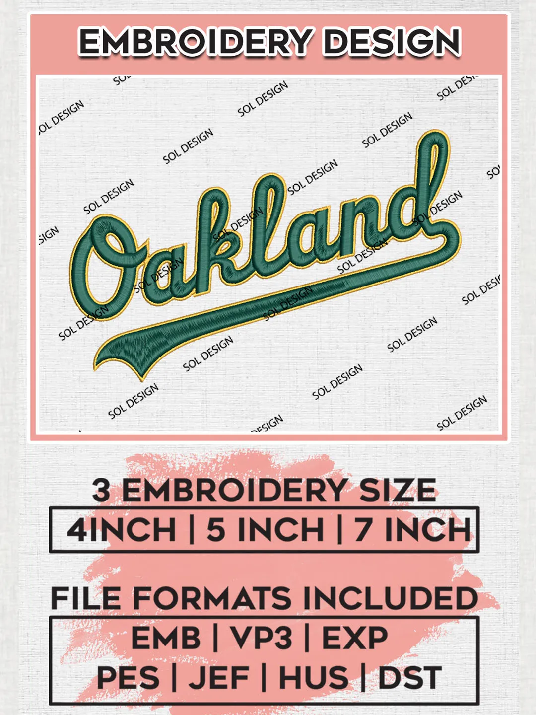 MLB Oakland Wordmark Logo Embroidery Files, MLB Oakland Athletics Team Embroidery, MLB Teams, 3 sizes, MLB Machine embroidery designs, Digital Download