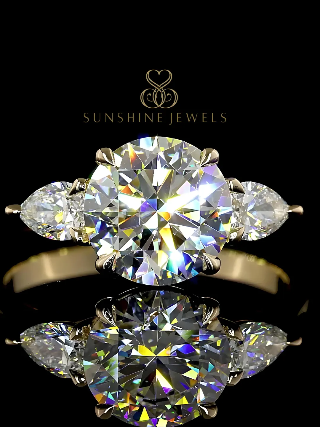 3 Ct Round Lab Grown Diamond Three Stone 14k Gold Engagement Ring